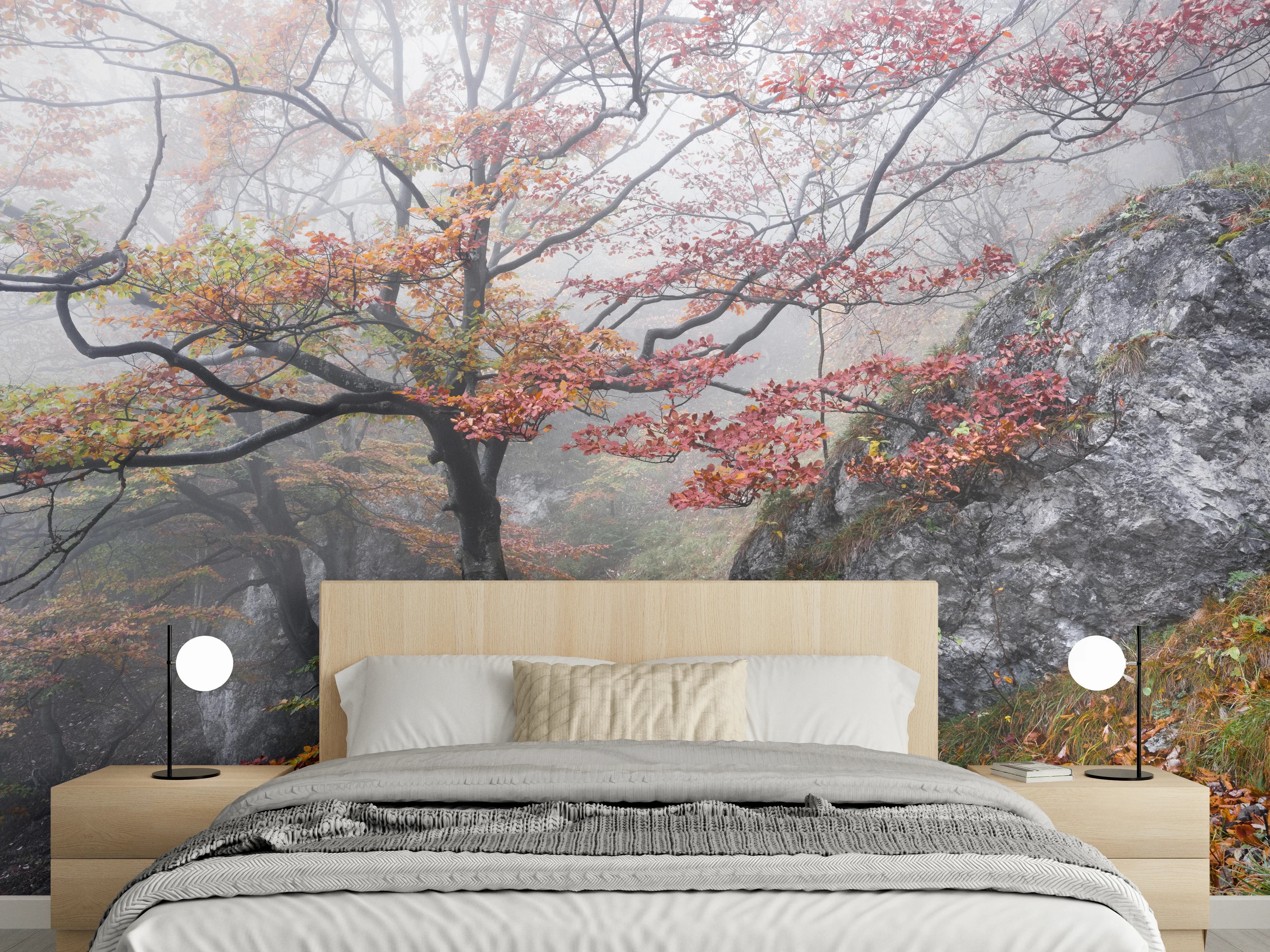 Wandverkleidung Schlafzimmer - Grauschimmer im verhangenen Blätterwald