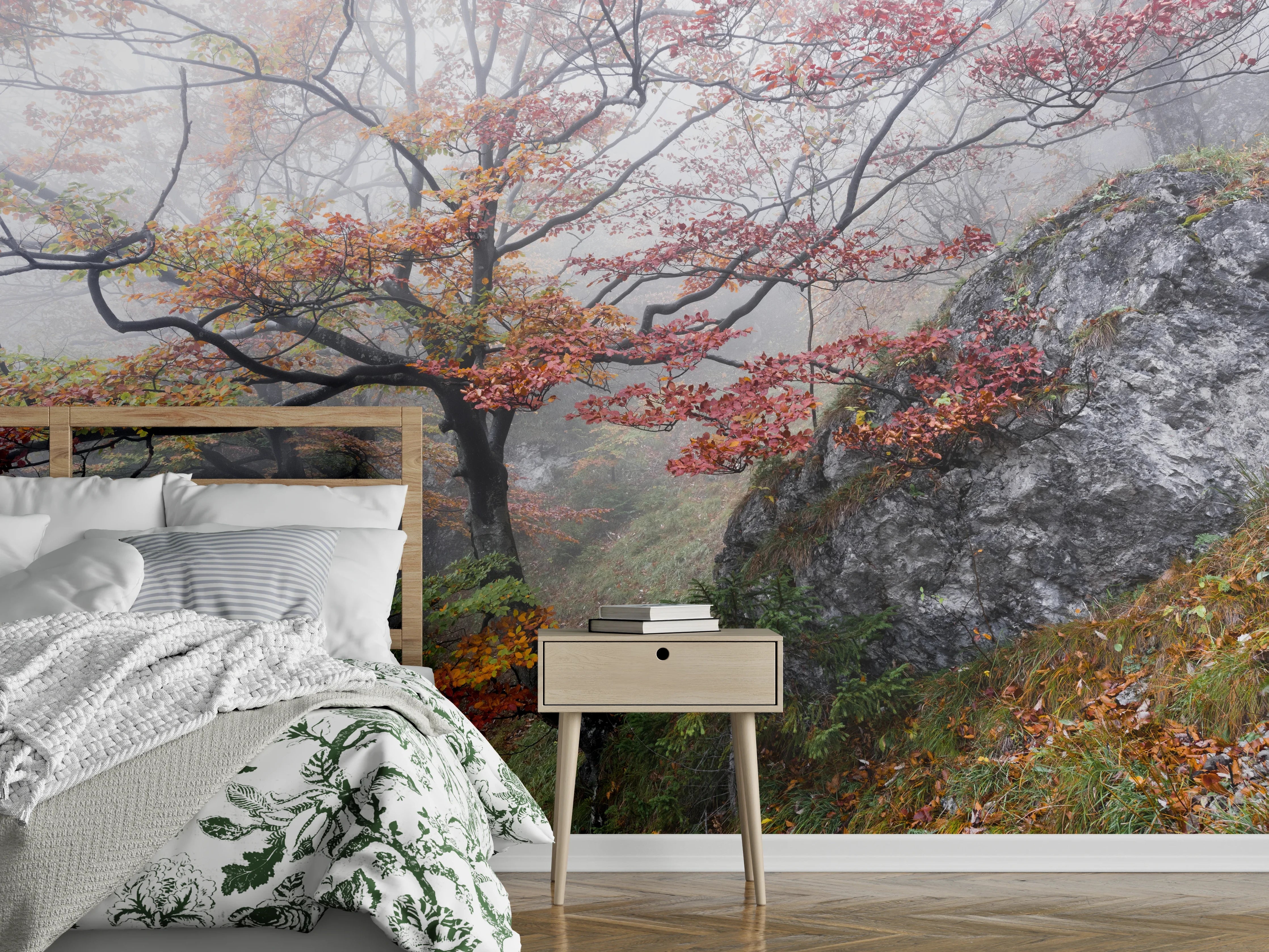 Wandverkleidung Schlafzimmer - Grauschimmer im verhangenen Blätterwald