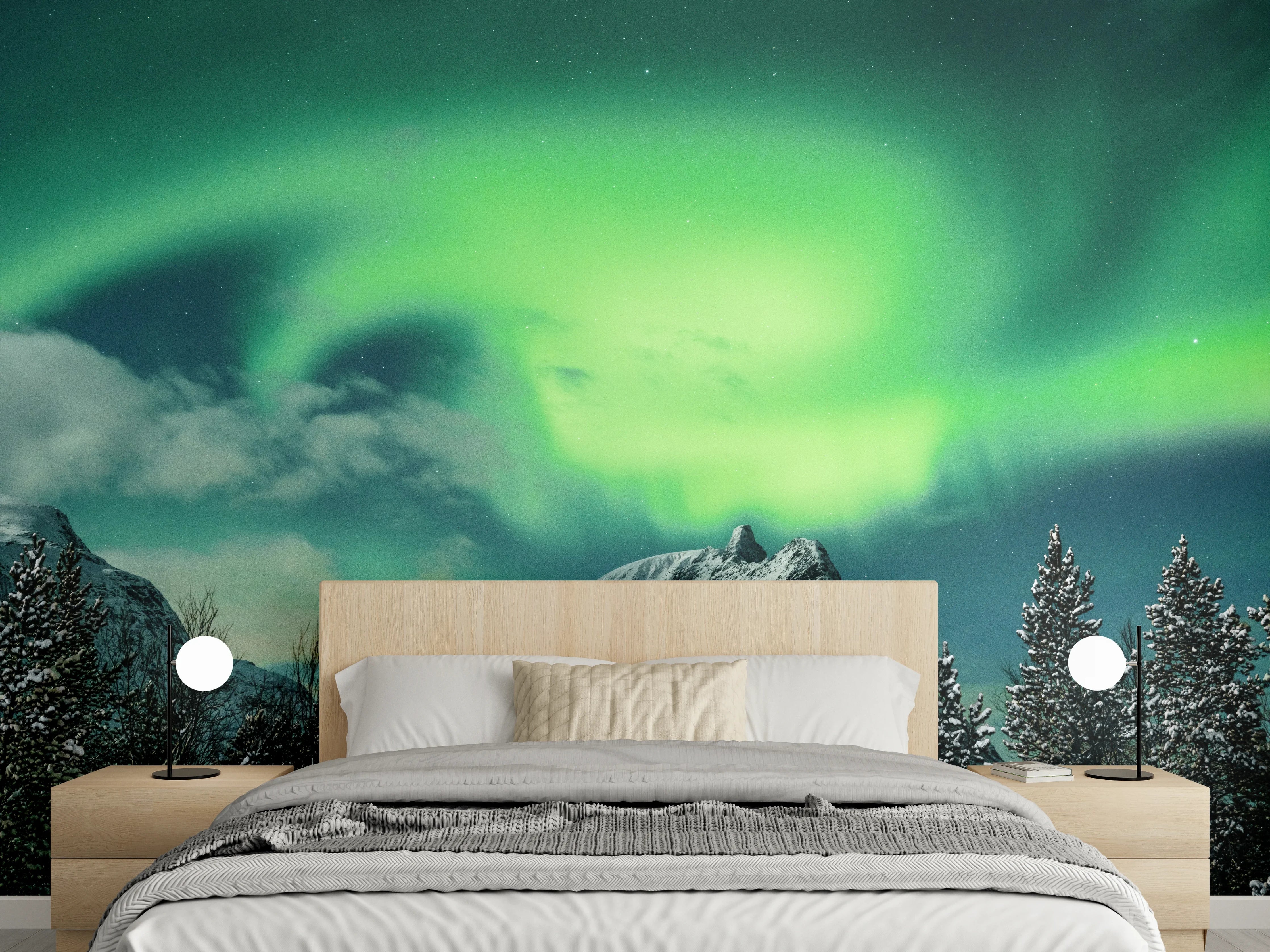 Wandverkleidung Schlafzimmer - Grauschimmer über Wintergipfeln