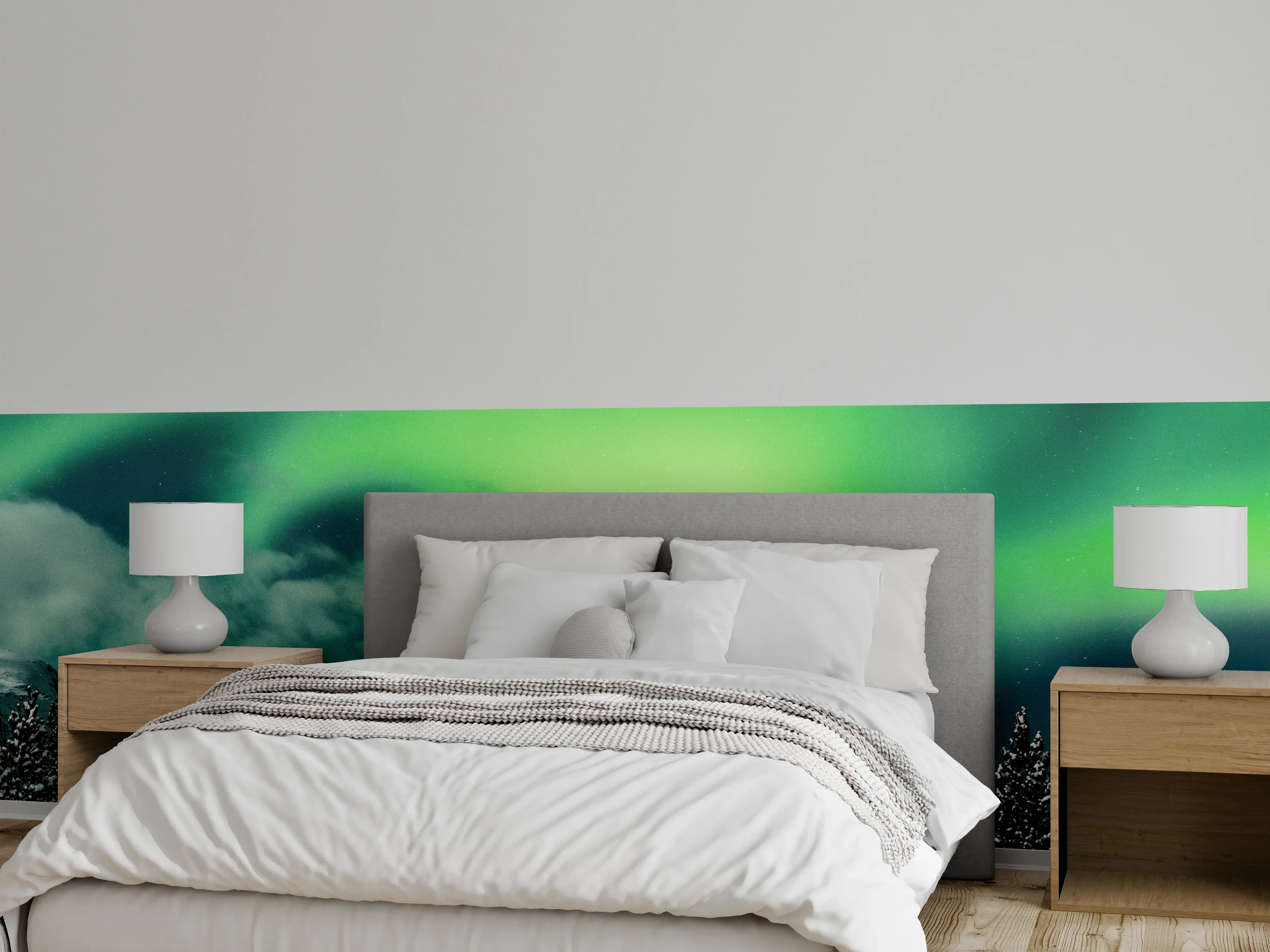 Wandverkleidung Schlafzimmer - Grauschimmer über Wintergipfeln