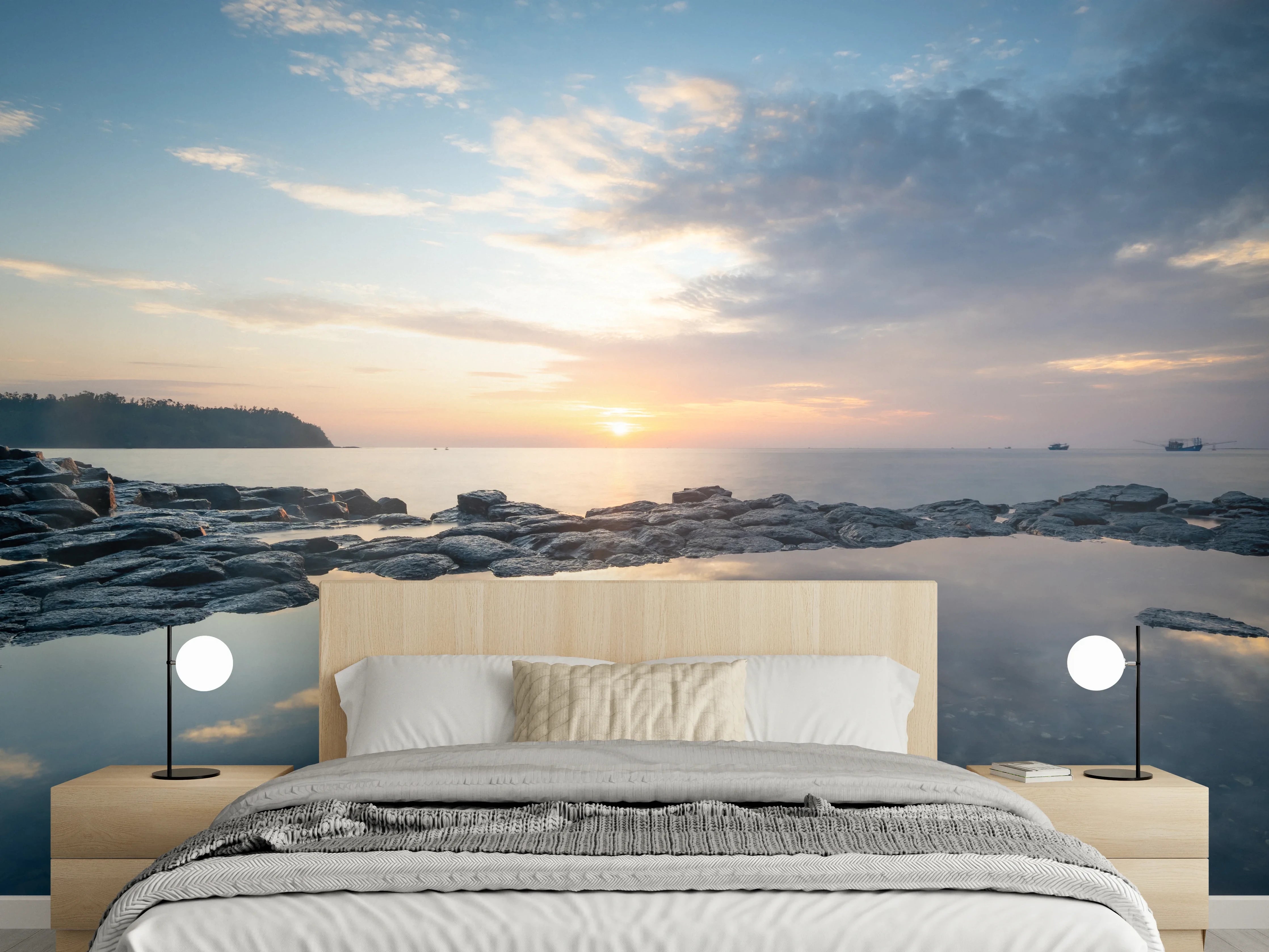 Wandverkleidung Schlafzimmer - Grauschimmer über weißer See-Stille