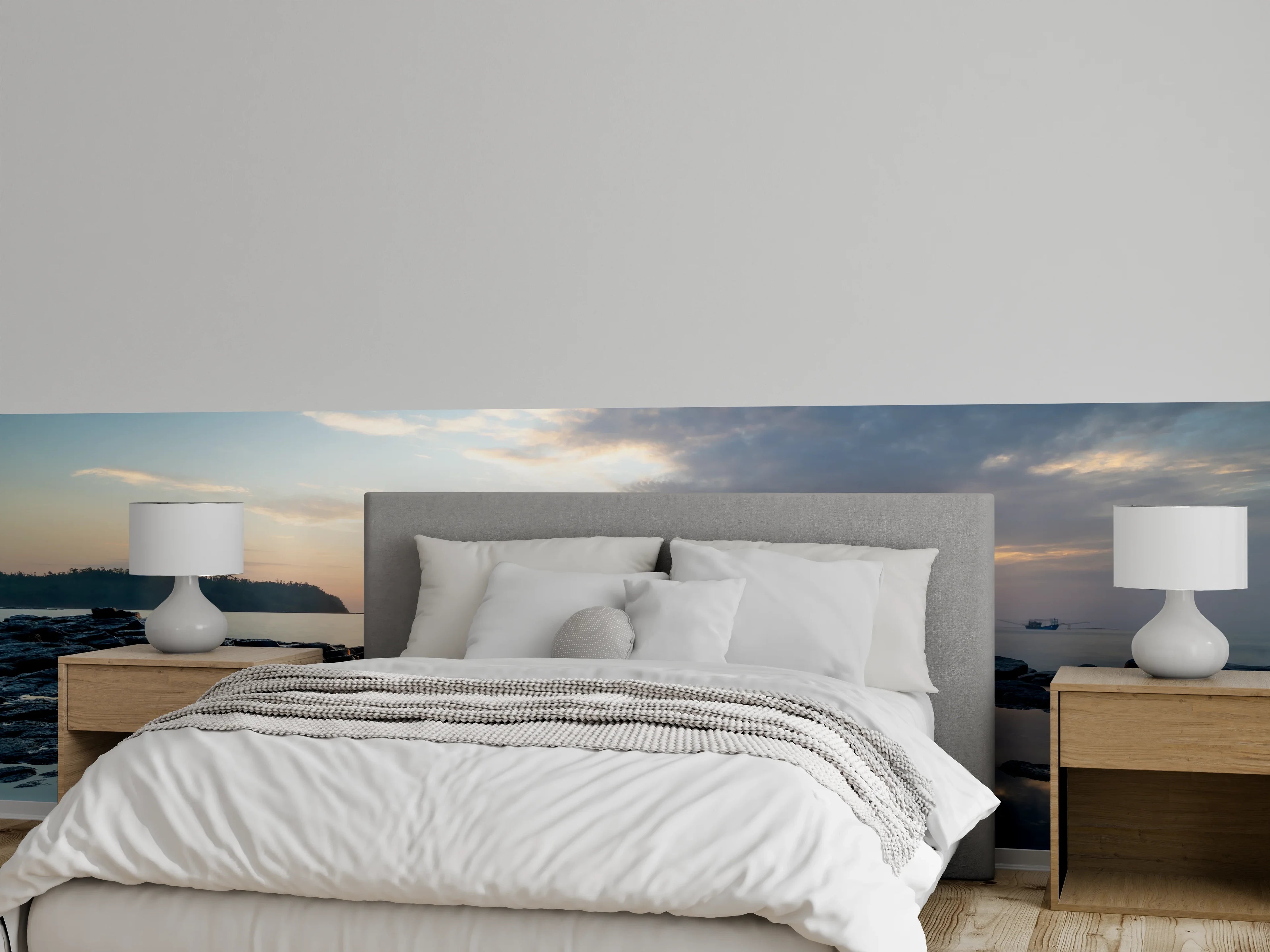 Wandverkleidung Schlafzimmer - Grauschimmer über weißer See-Stille