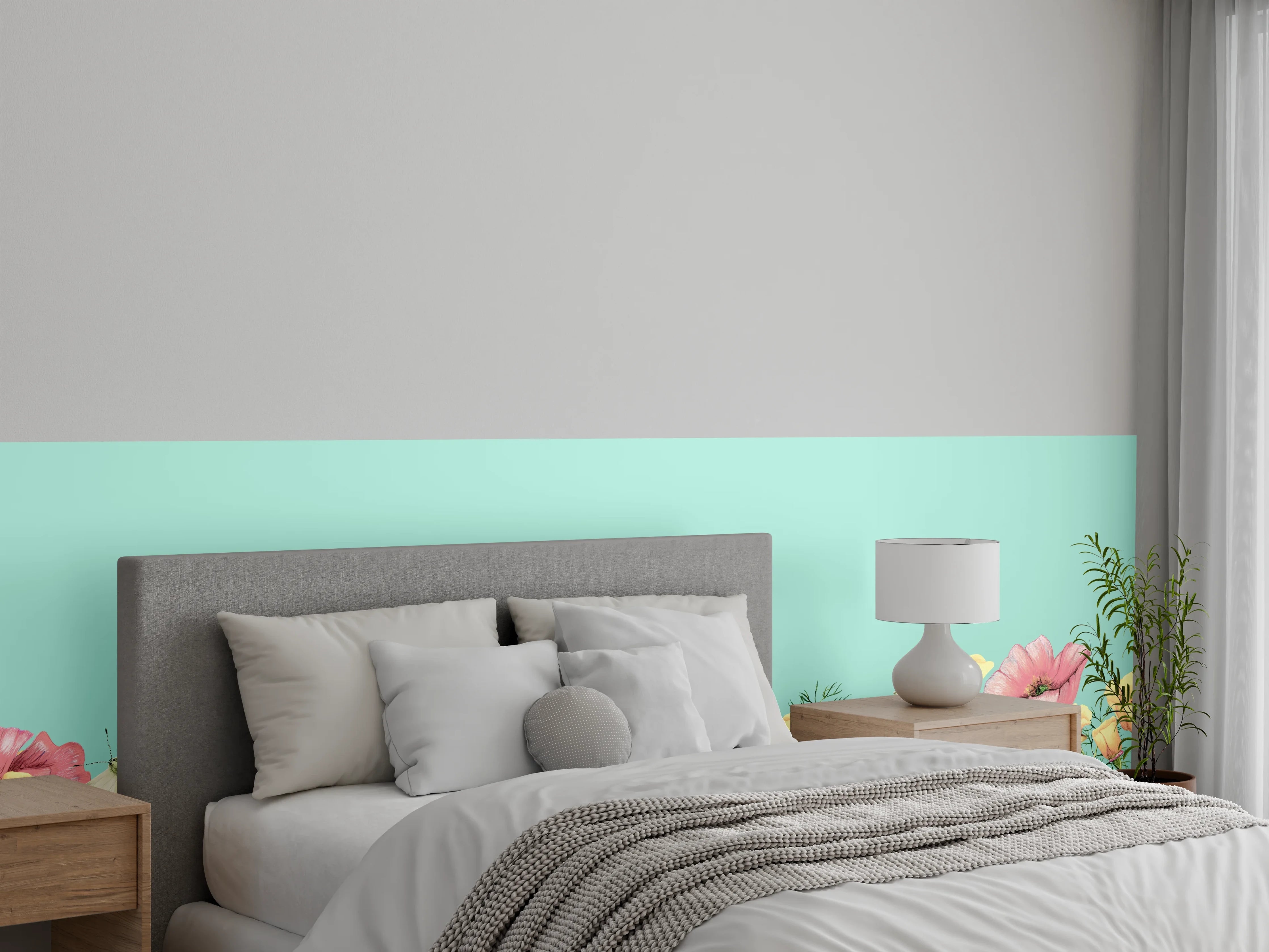 Wandverkleidung Schlafzimmer - Grauschimmernde Blütenpracht mit Faltern