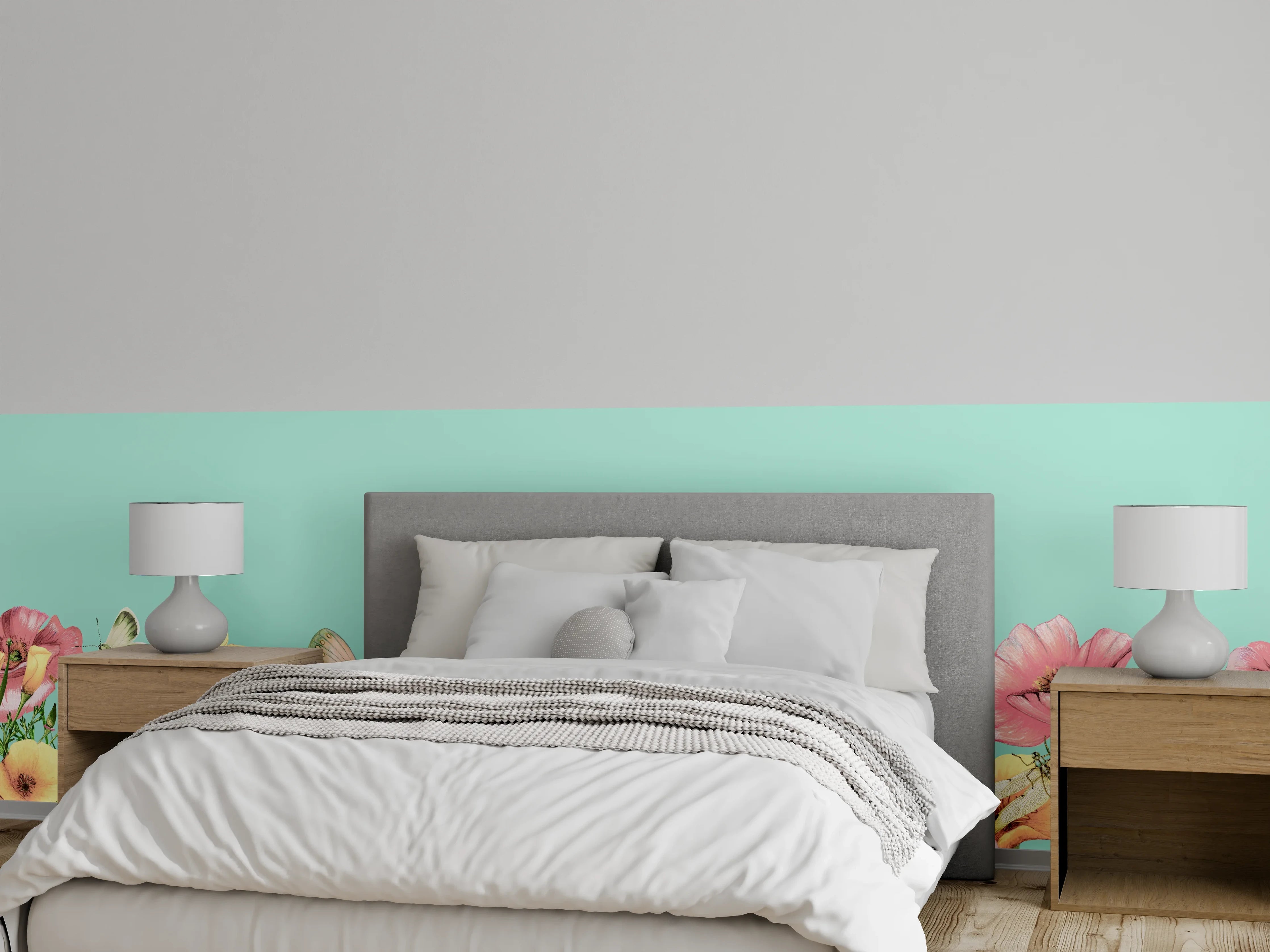 Wandverkleidung Schlafzimmer - Grauschimmernde Blütenpracht mit Faltern