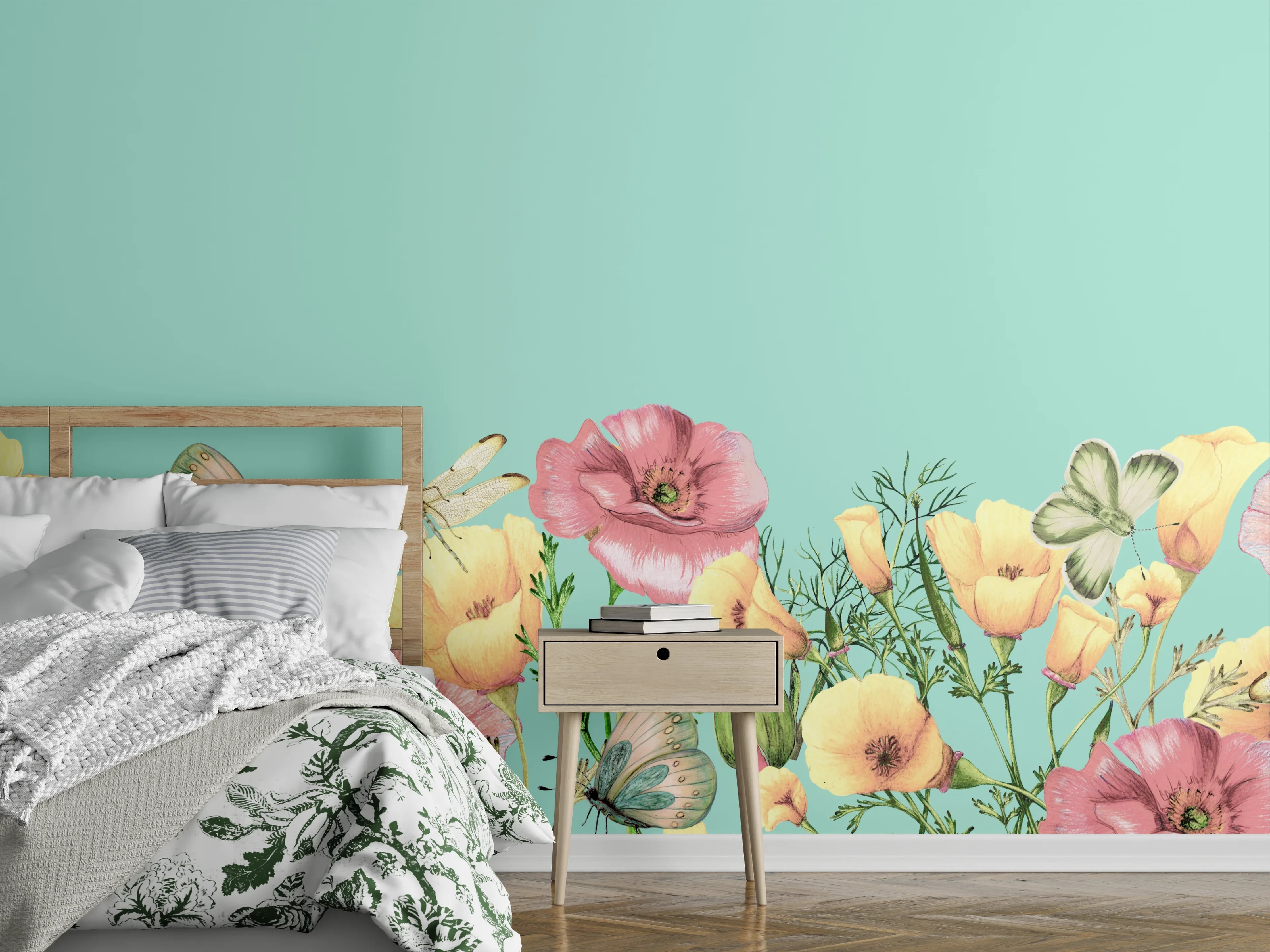 Wandverkleidung Schlafzimmer - Grauschimmernde Blütenpracht mit Faltern