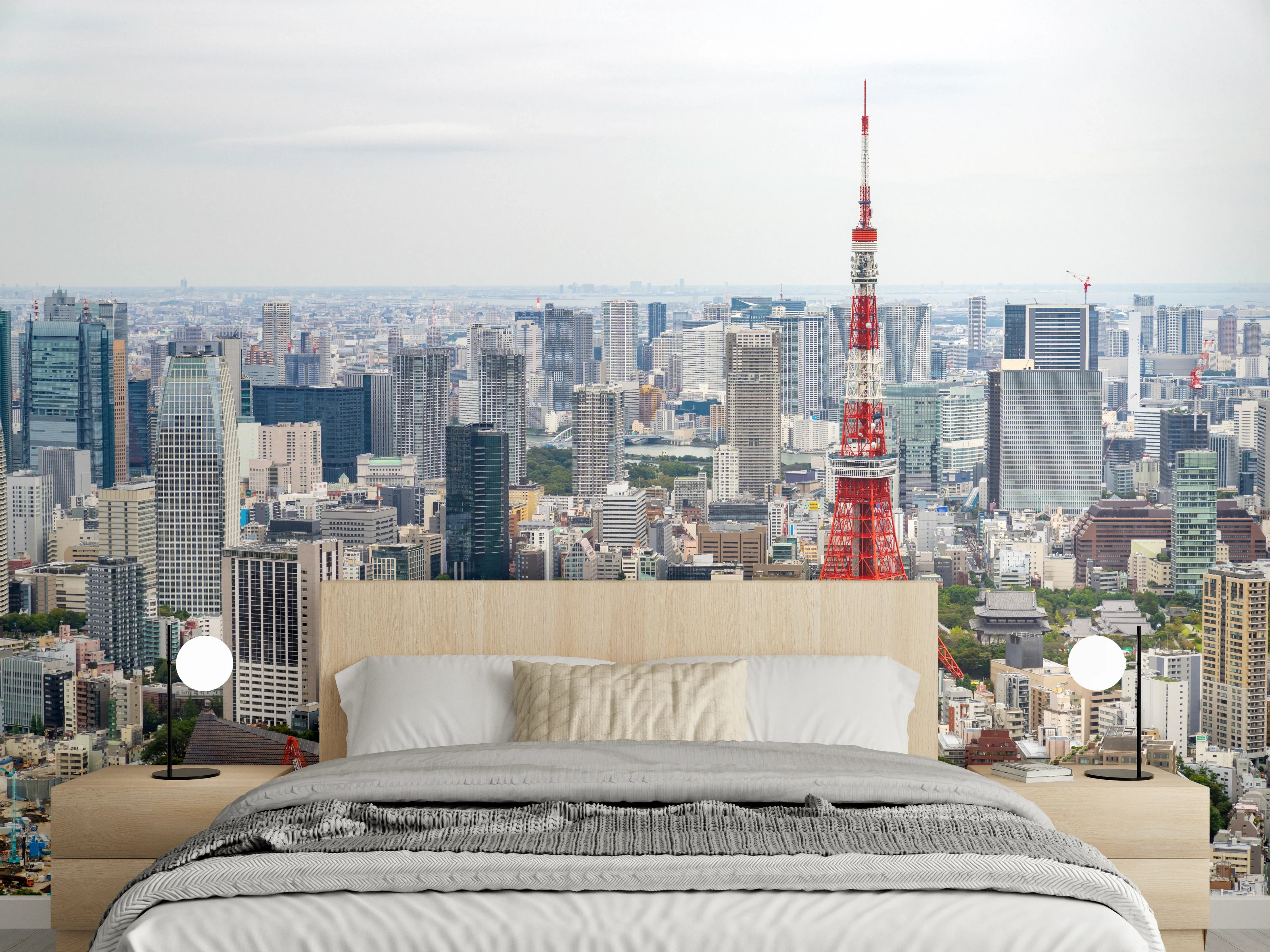 Wandverkleidung Schlafzimmer - Grauschimmernde Silhouette: Weißes Tokio-Panorama