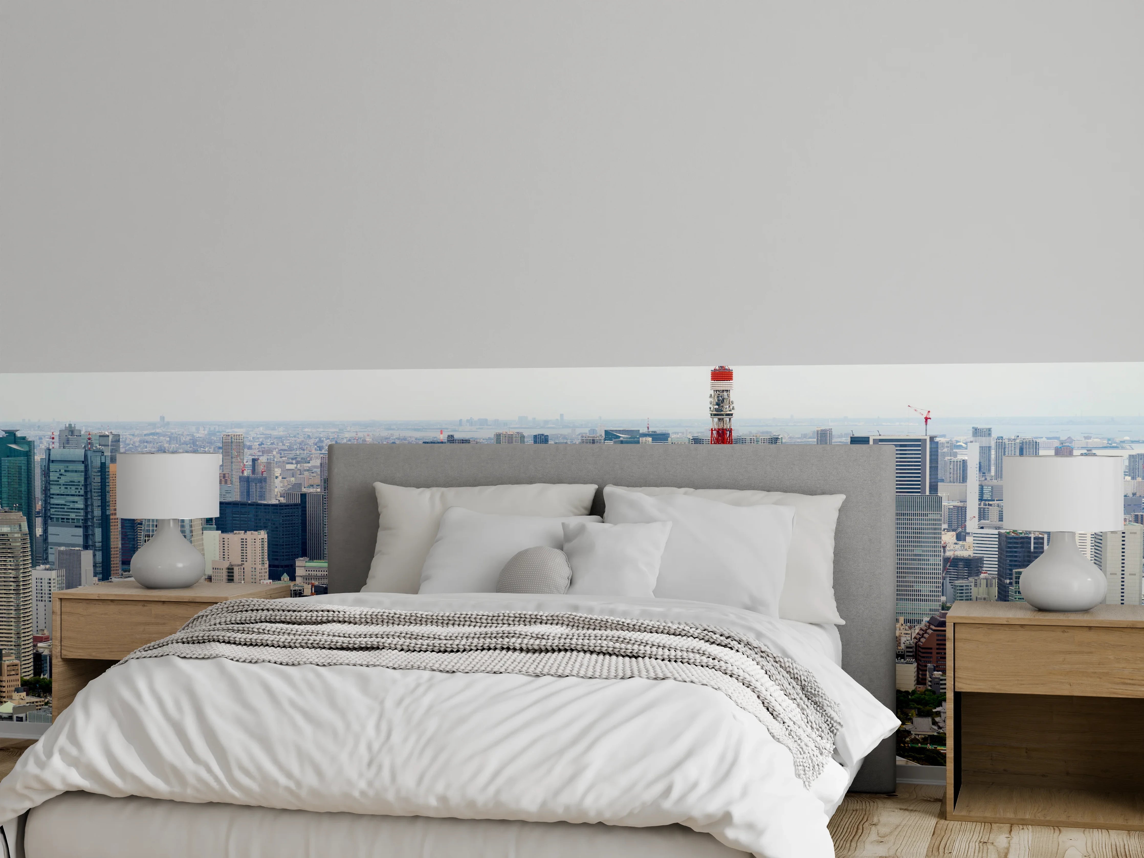 Wandverkleidung Schlafzimmer - Grauschimmernde Silhouette: Weißes Tokio-Panorama