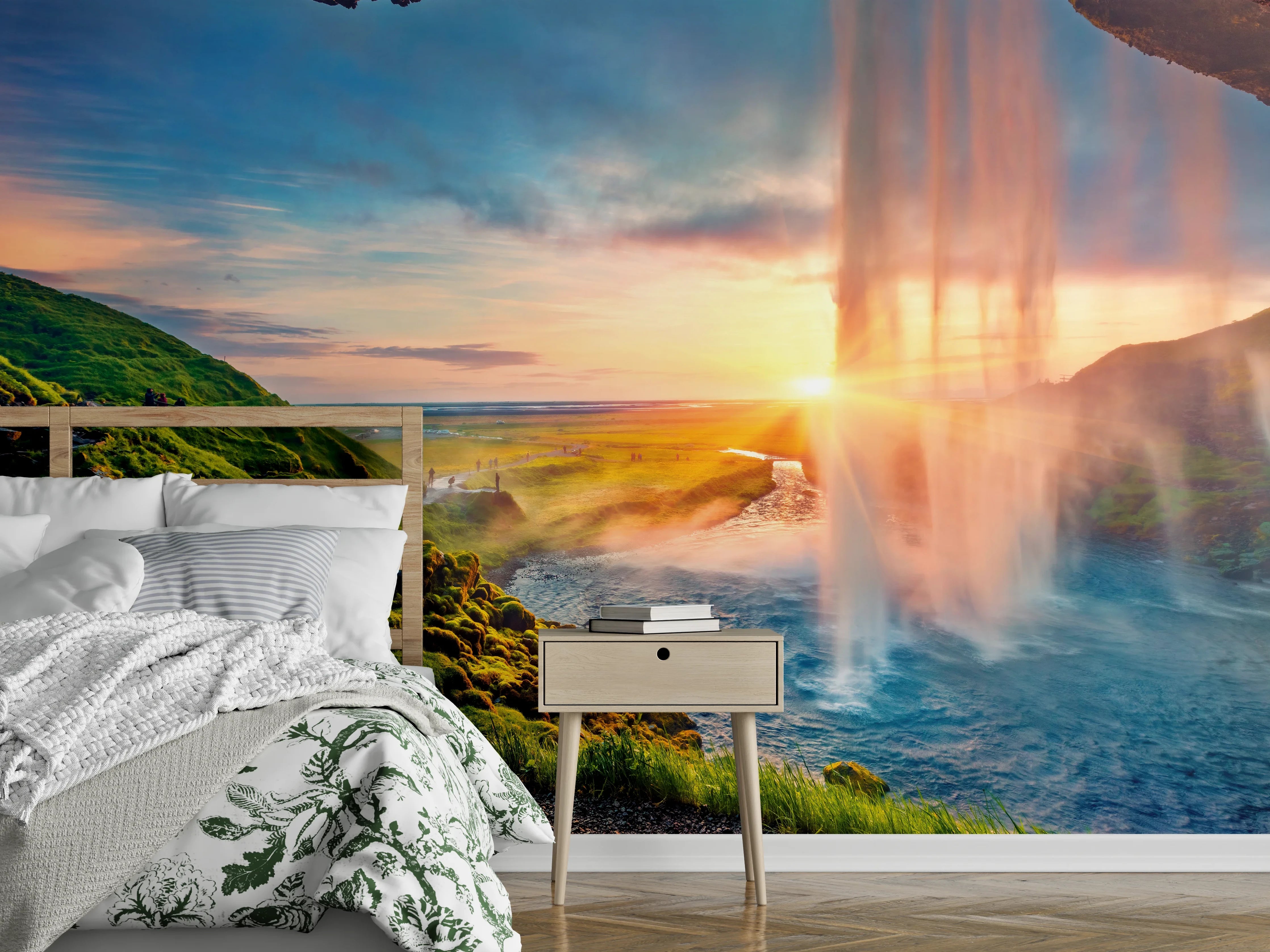 Wandverkleidung Schlafzimmer - Grauschimmernde Wasserfälle bei Abendlicht