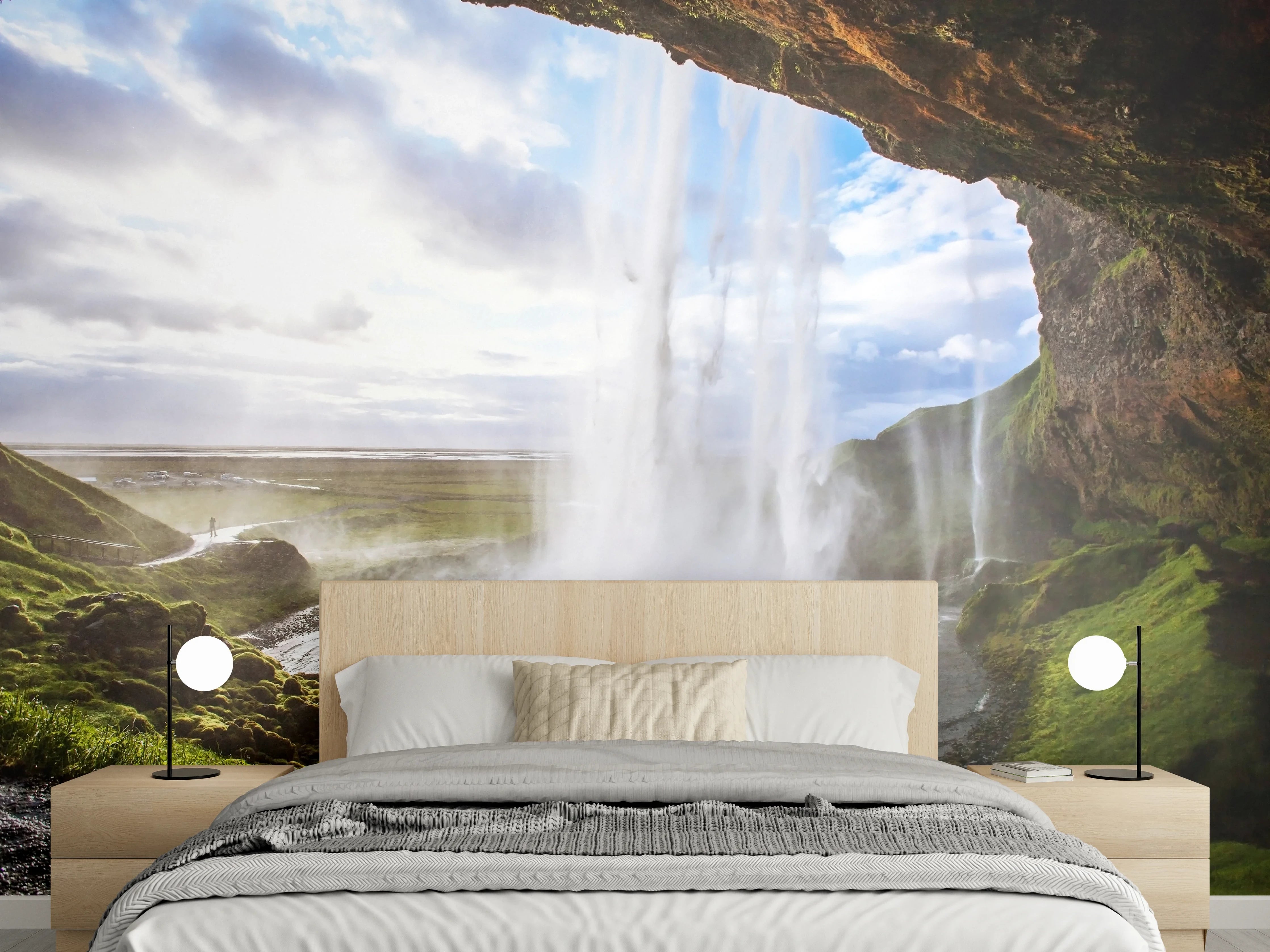 Wandverkleidung Schlafzimmer - Grauschimmernde Wasserfall-Idylle