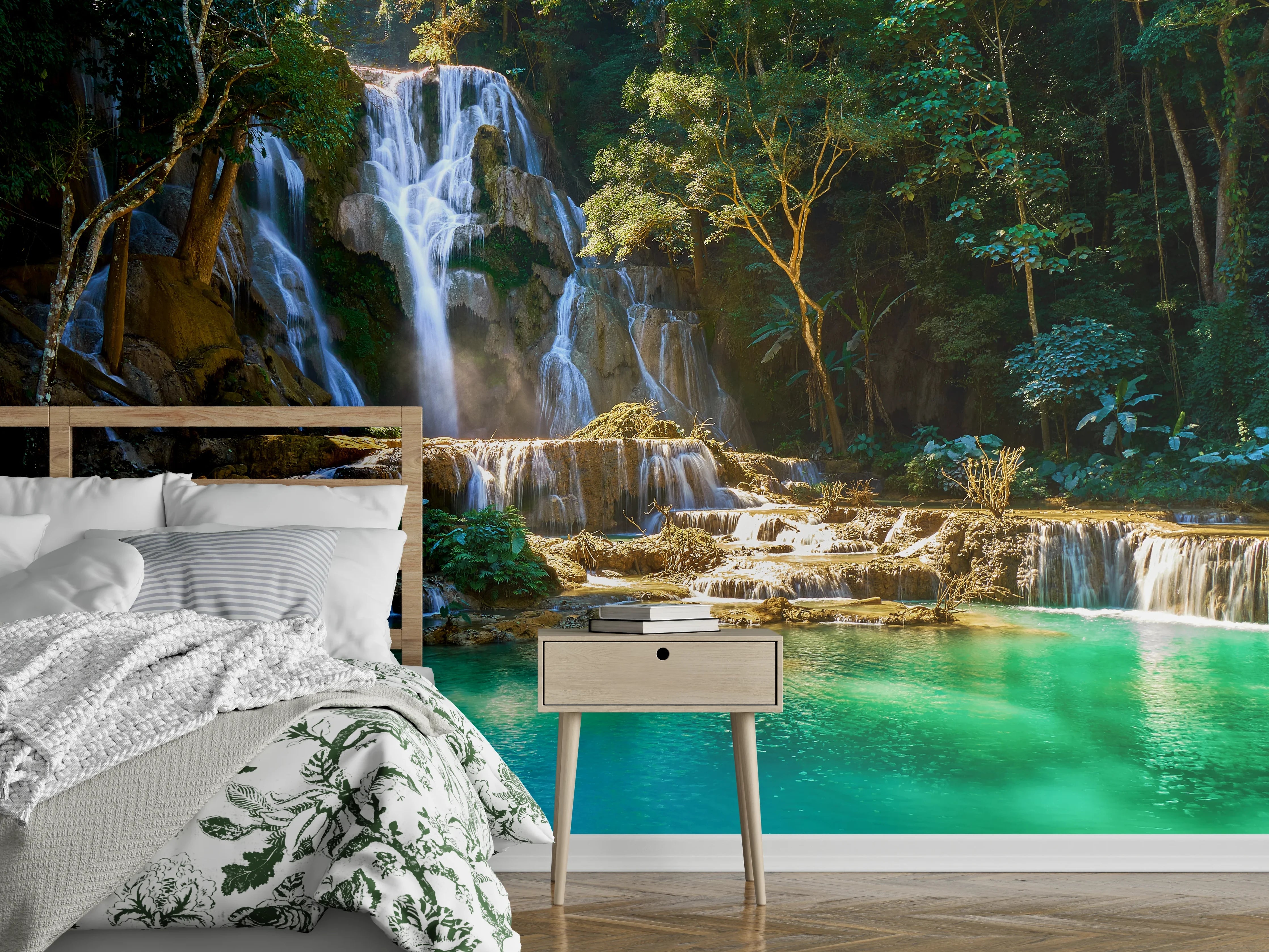 Wandverkleidung Schlafzimmer - Grauschimmernde Wasserträume im Urwald