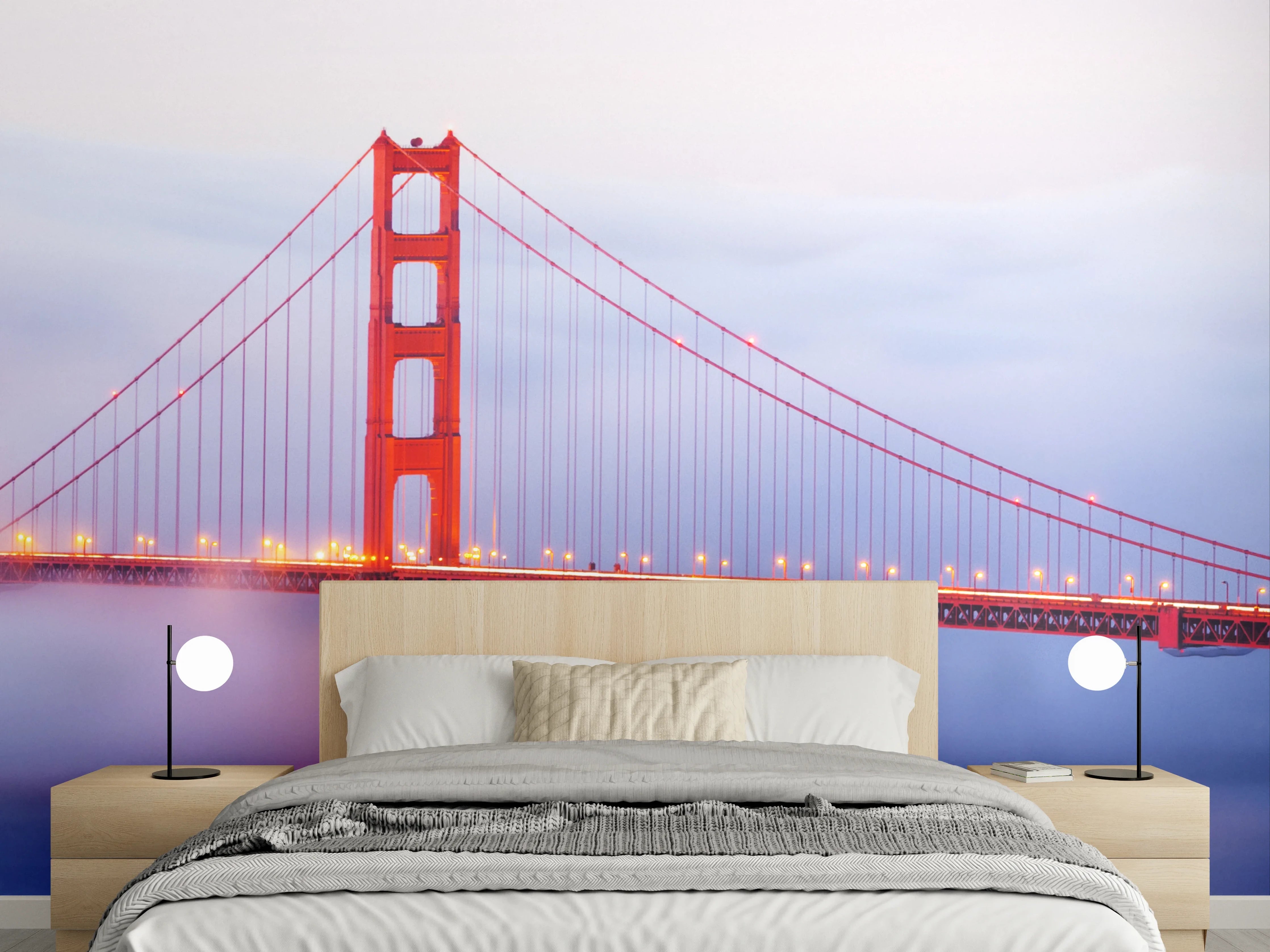 Wandverkleidung Schlafzimmer - Grauschleier über goldener Brücke
