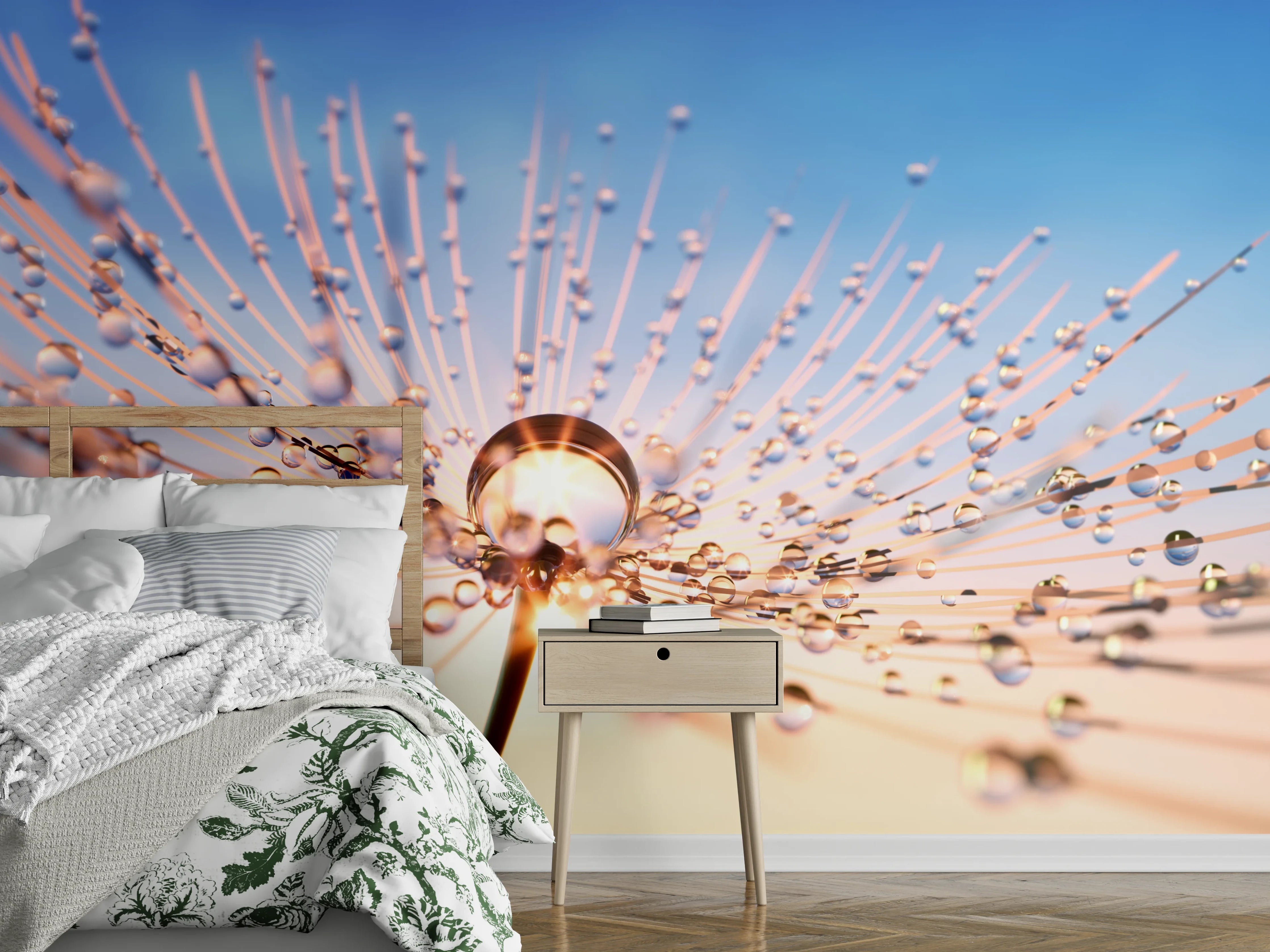 Wandverkleidung Schlafzimmer - Grautöne auf Tautropfen-Pusteblume