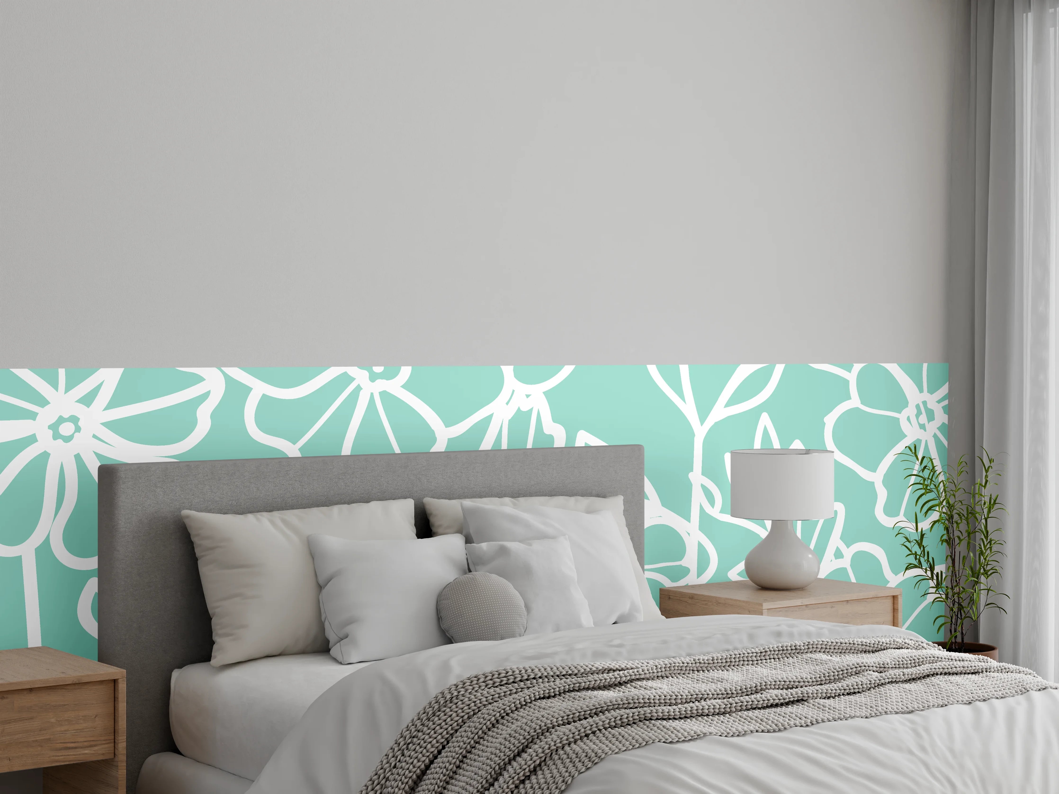 Wandverkleidung Schlafzimmer - Grauweiße Blütenkunst auf Pastellgrün