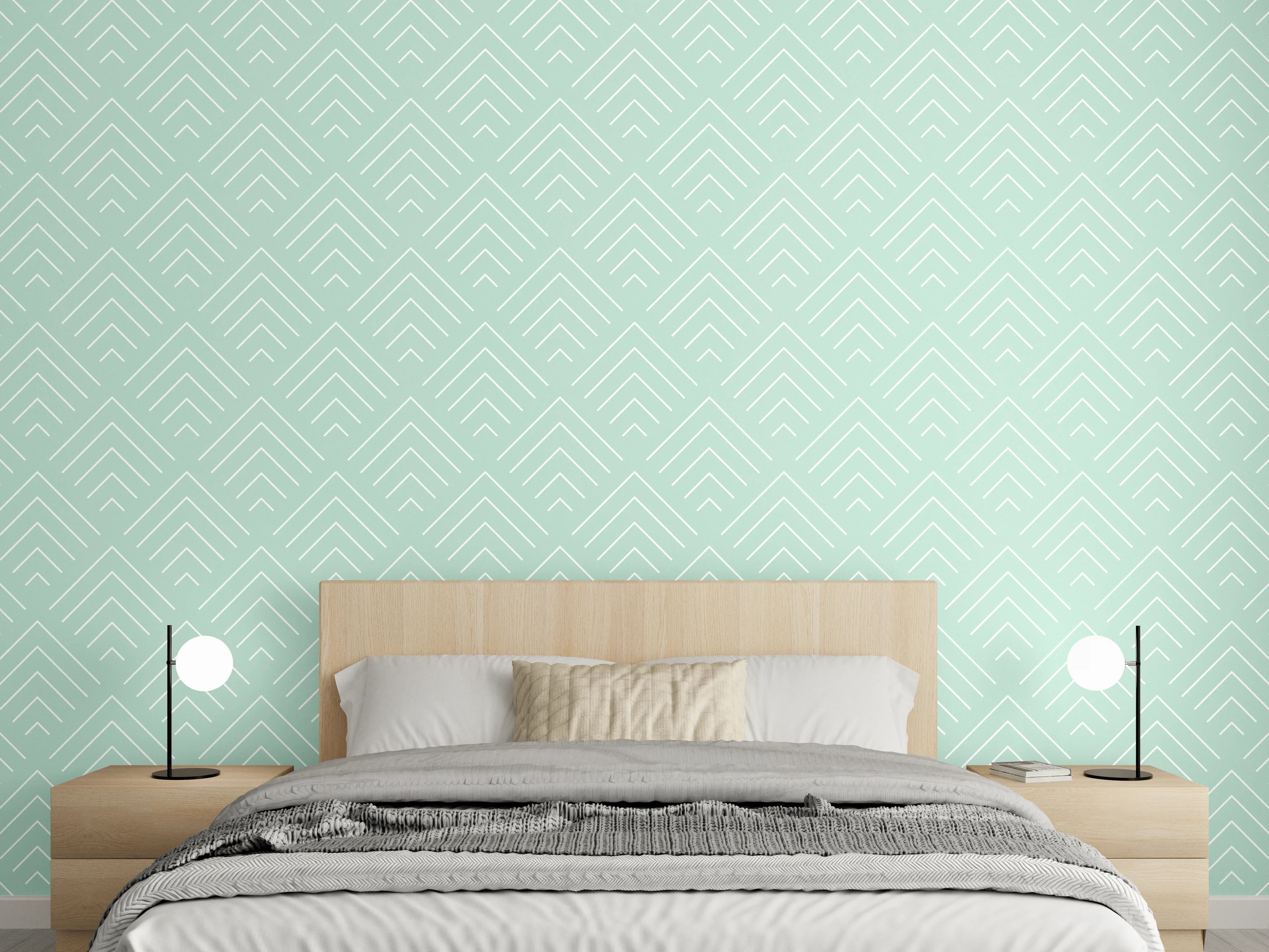 Wandverkleidung Schlafzimmer - Grauweiße Ornamente auf zartem Mint