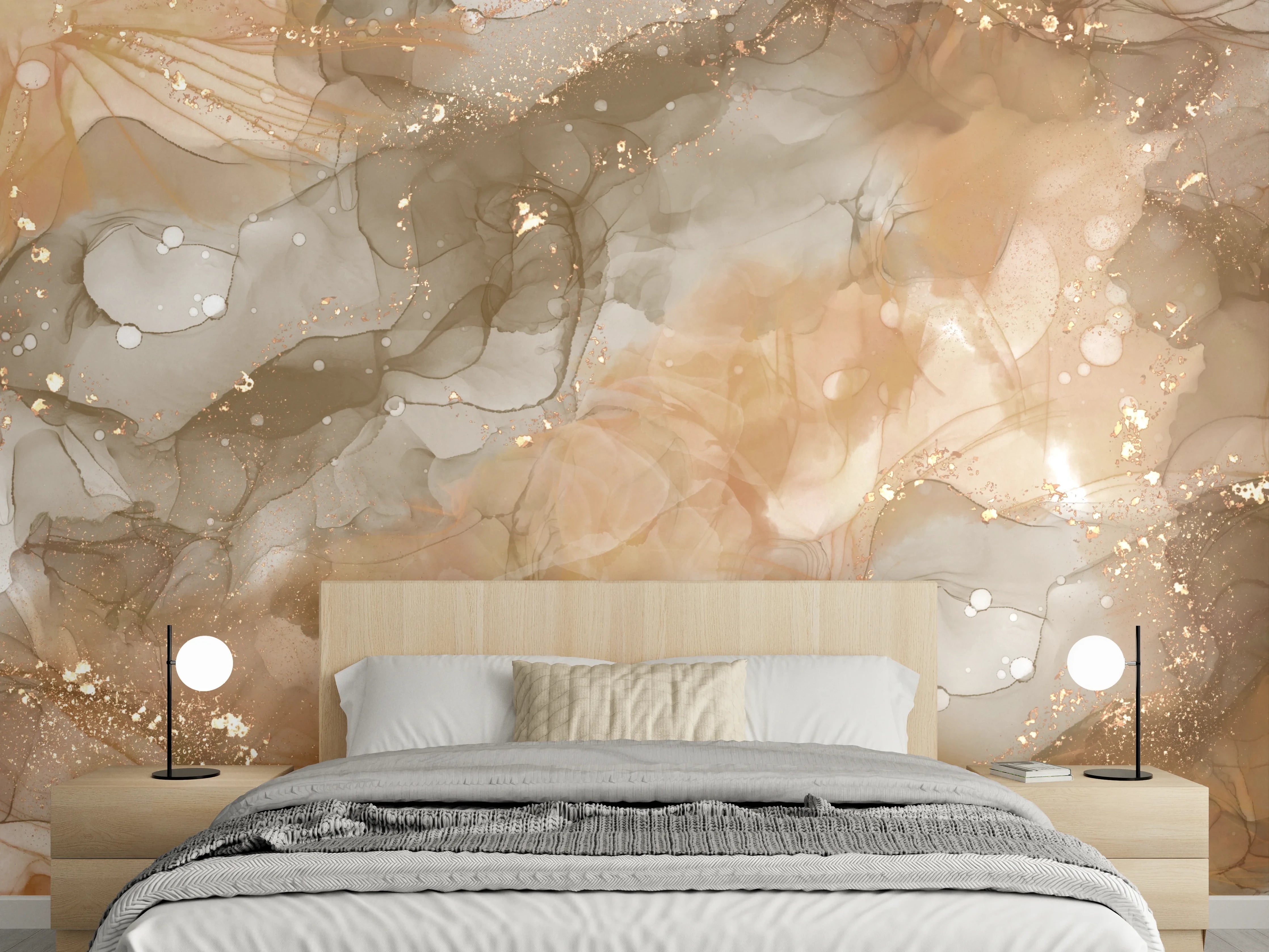 Wandverkleidung Schlafzimmer - Grauweißer Marmorglanz mit Gold Flair