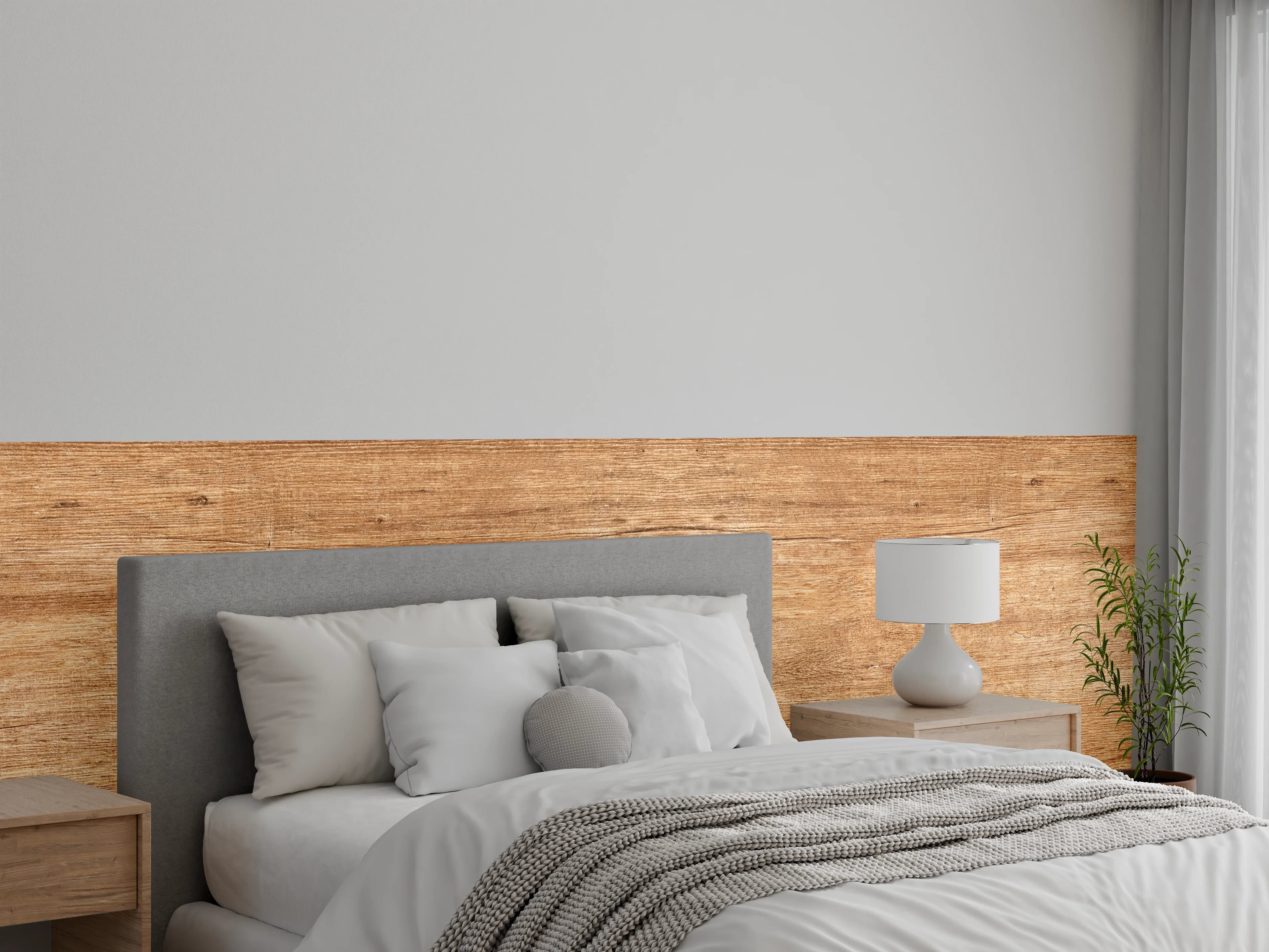 Wandverkleidung Schlafzimmer - Grauweißes Holz in warmem Braun