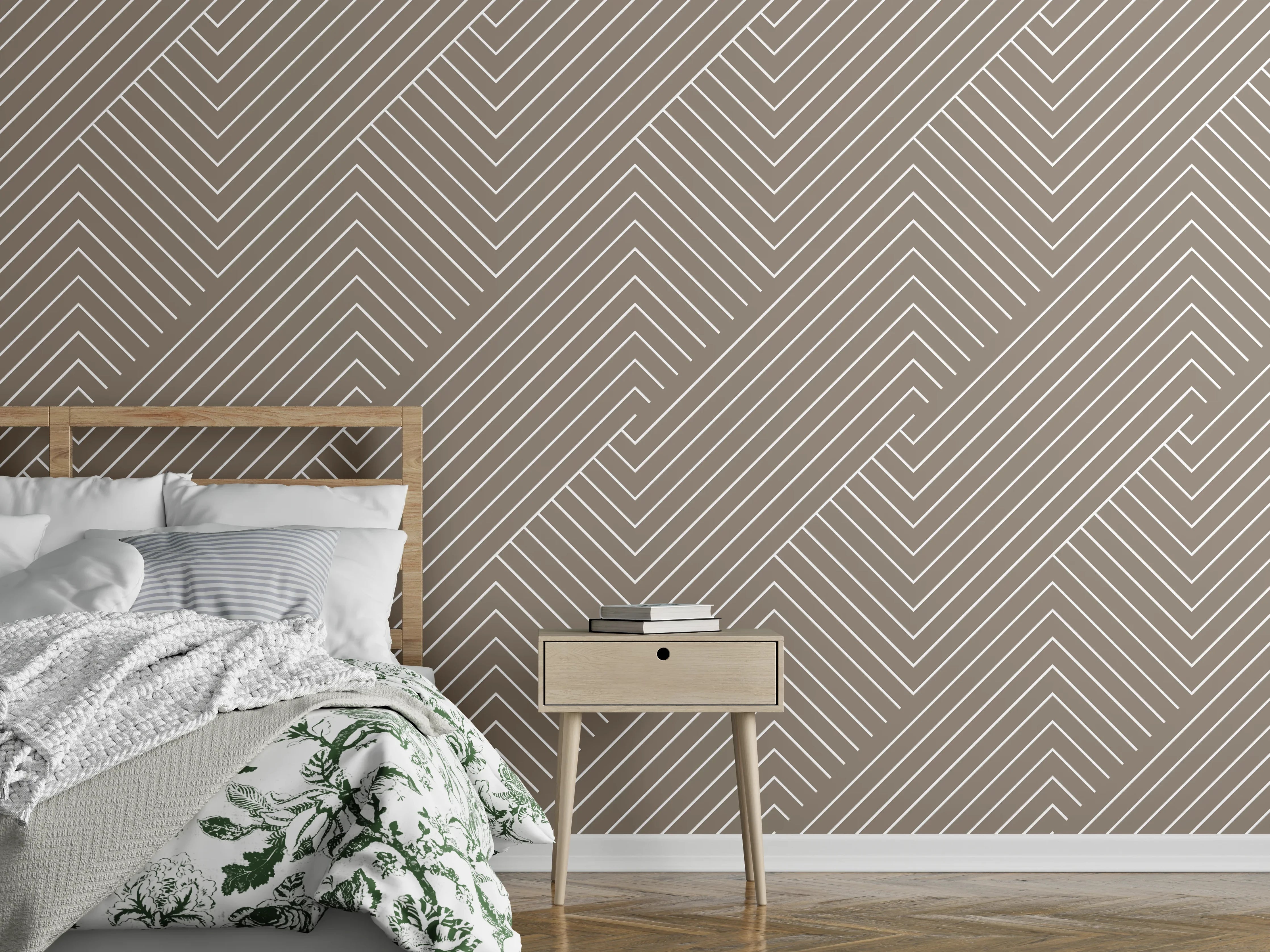 Wandverkleidung Schlafzimmer - Grauweißes Liniengeflecht auf Beigeton