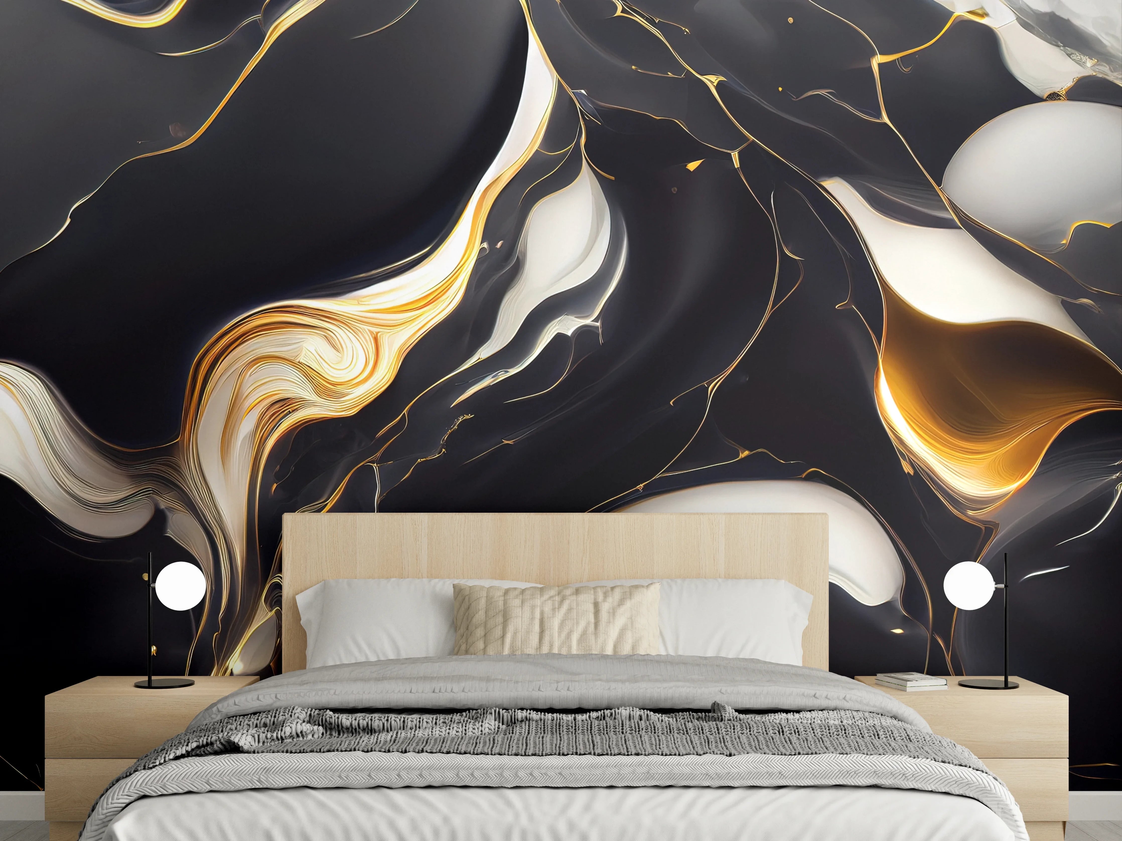 Wandverkleidung Schlafzimmer - Grauweißes Marmorbild mit Goldglanz