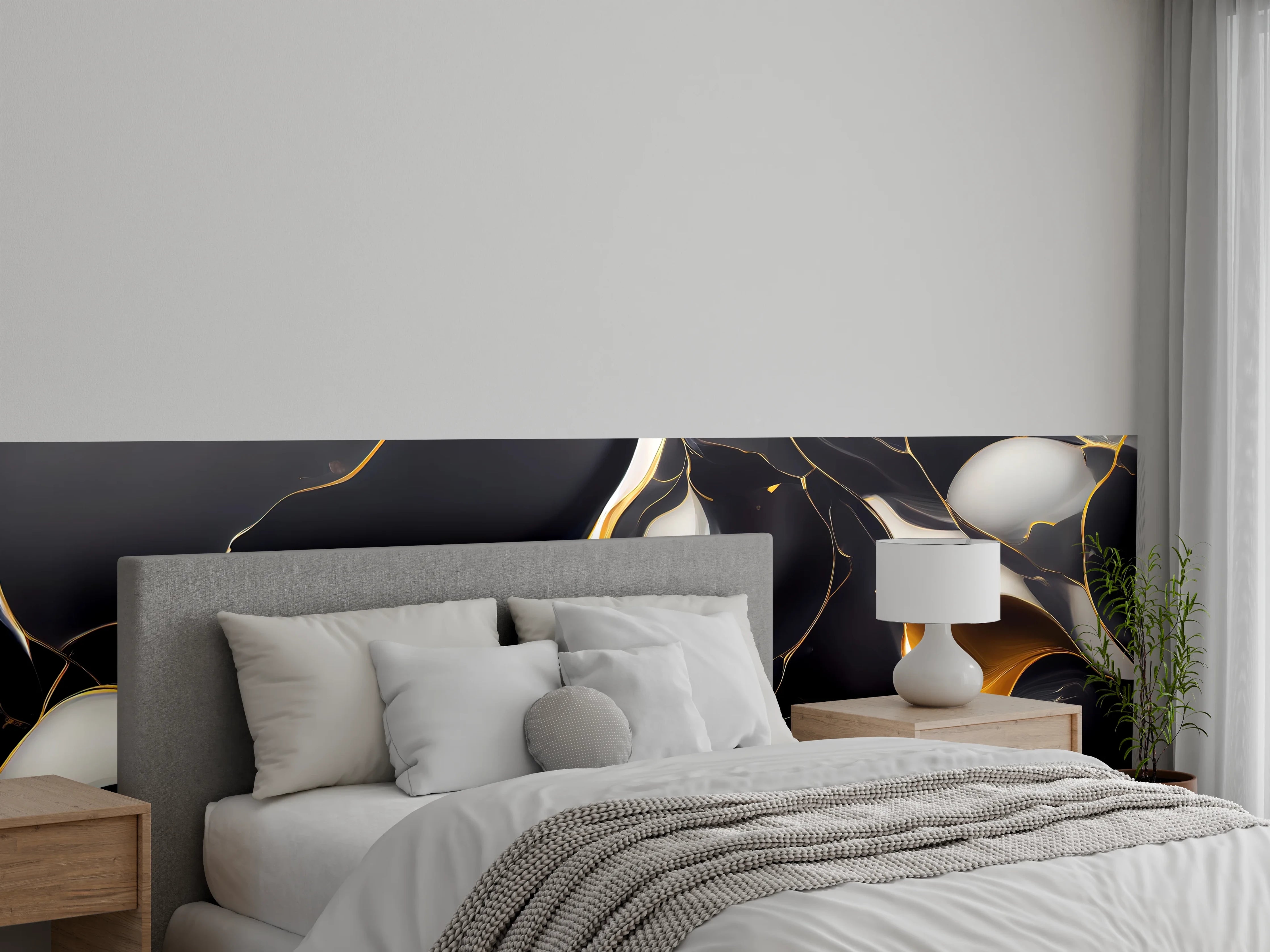 Wandverkleidung Schlafzimmer - Grauweißes Marmorbild mit Goldglanz