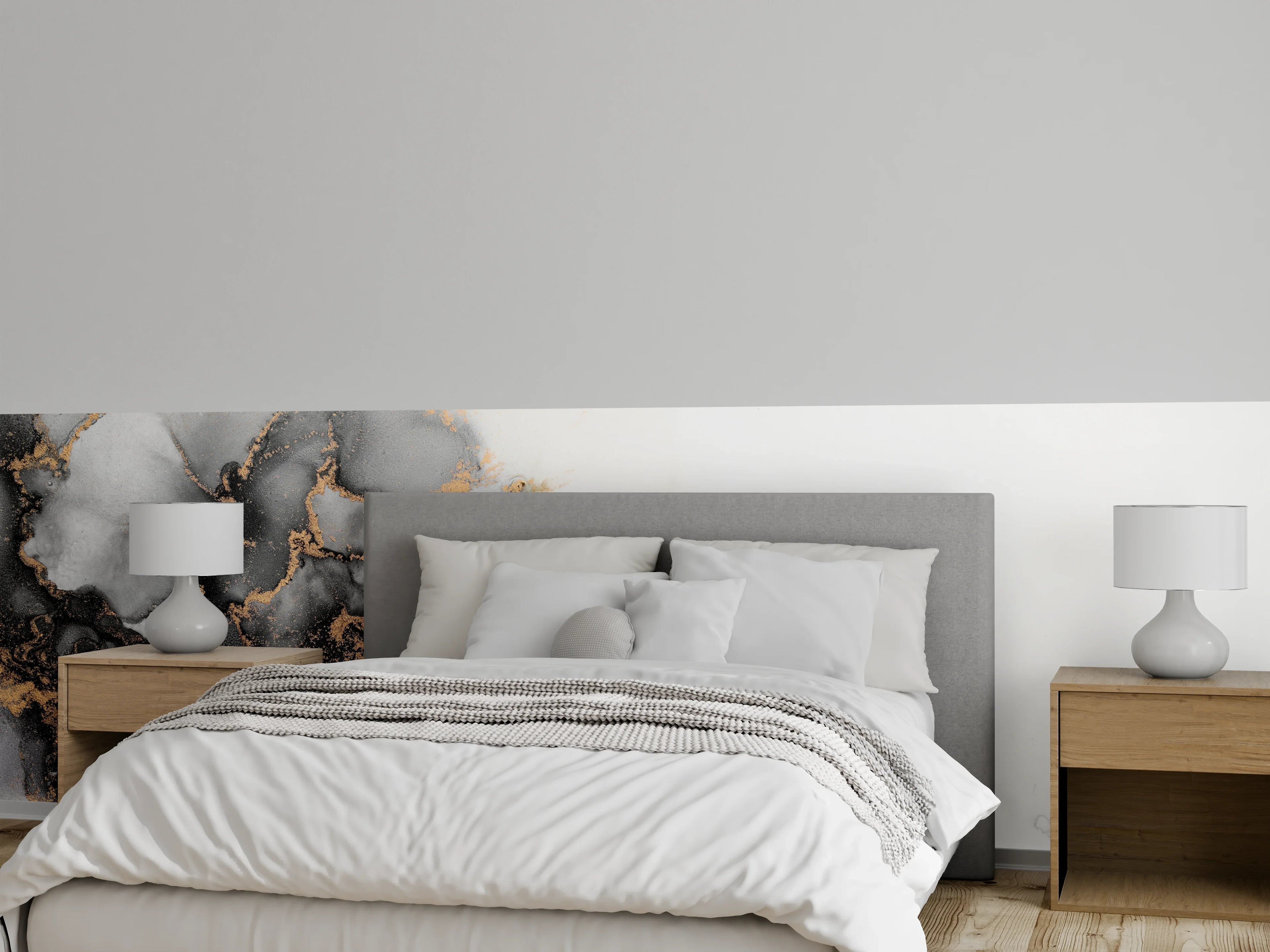 Wandverkleidung Schlafzimmer - Grauweißes Marmorgeflecht mit Goldflair