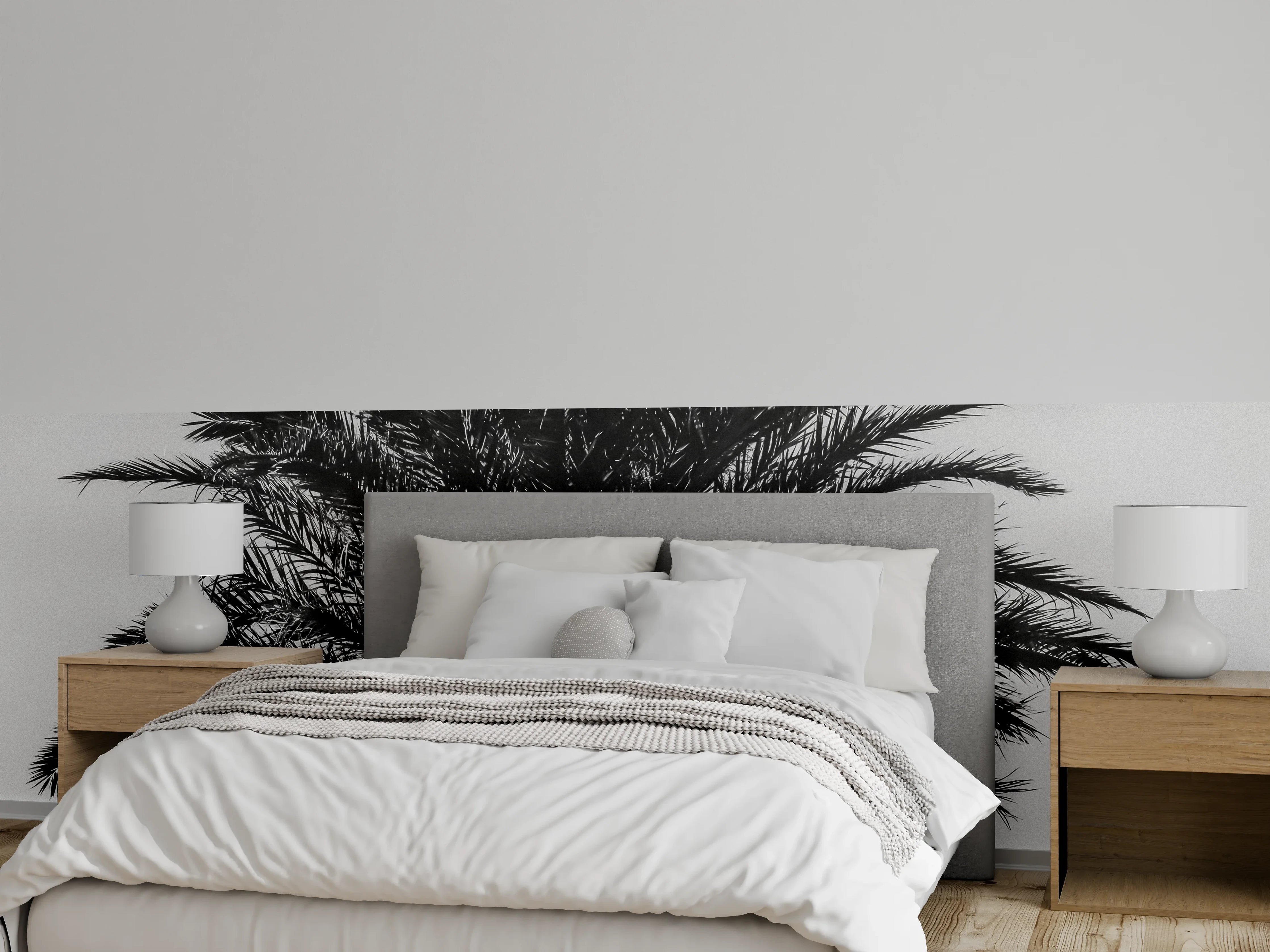 Wandverkleidung Schlafzimmer - Grauweißes Palmenbild