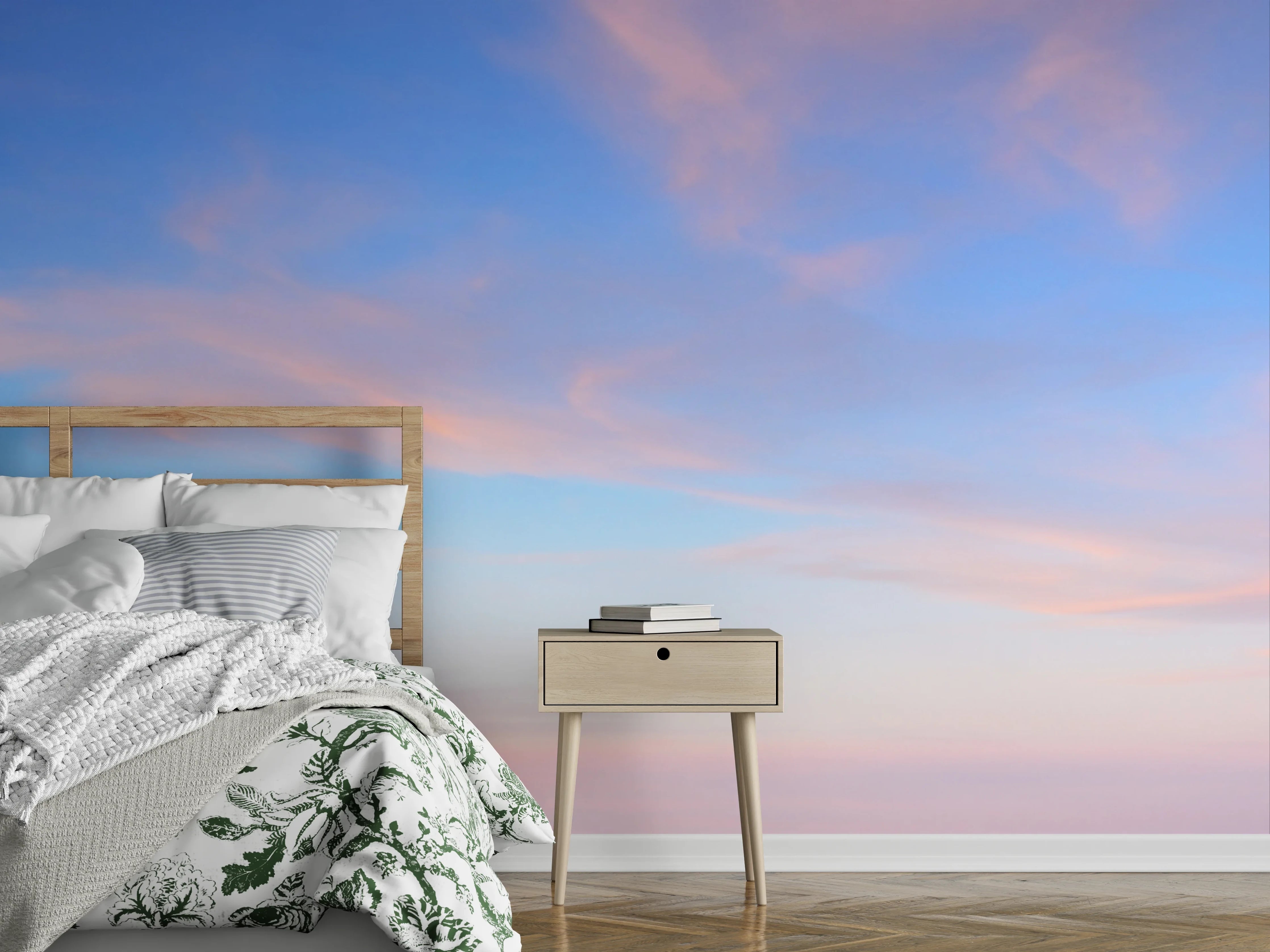 Wandverkleidung Schlafzimmer - Grauweißes Wolkenspiel am Pastellhimmel