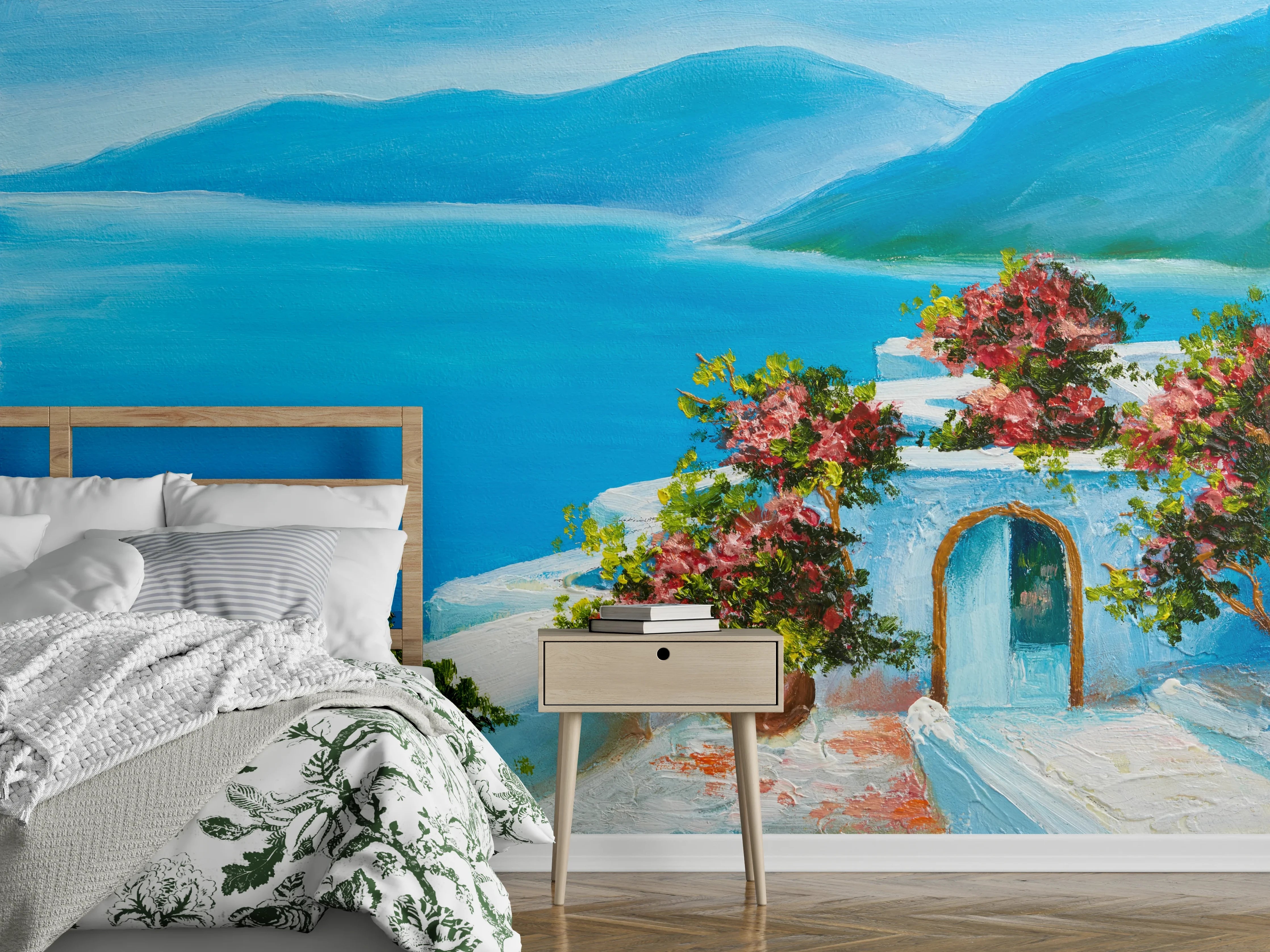 Wandverkleidung Schlafzimmer - Griechische Küstenidylle in Blau und Weiß