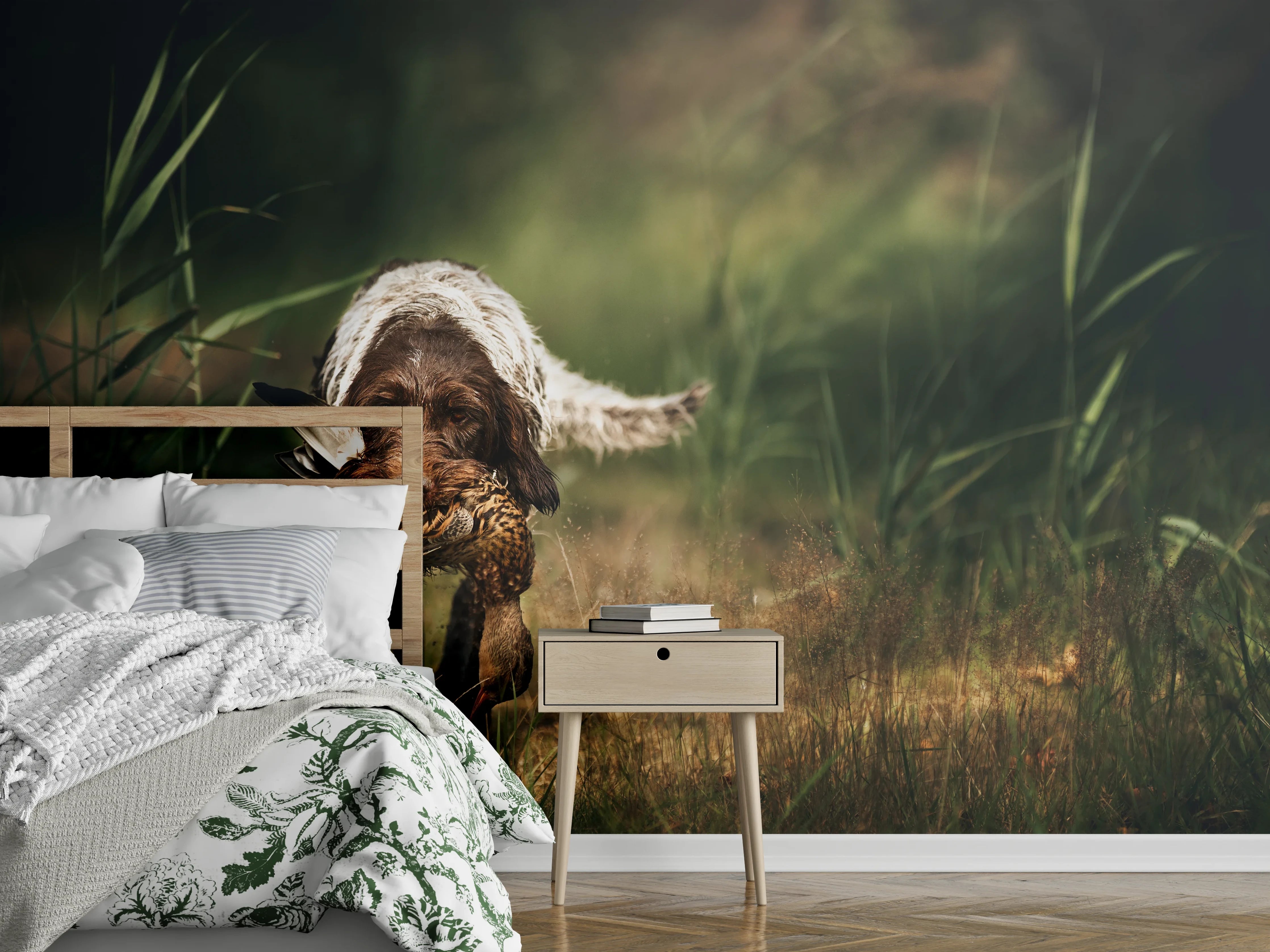 Wandverkleidung Schlafzimmer - Griffon Korthals beim Apportieren einer Ente