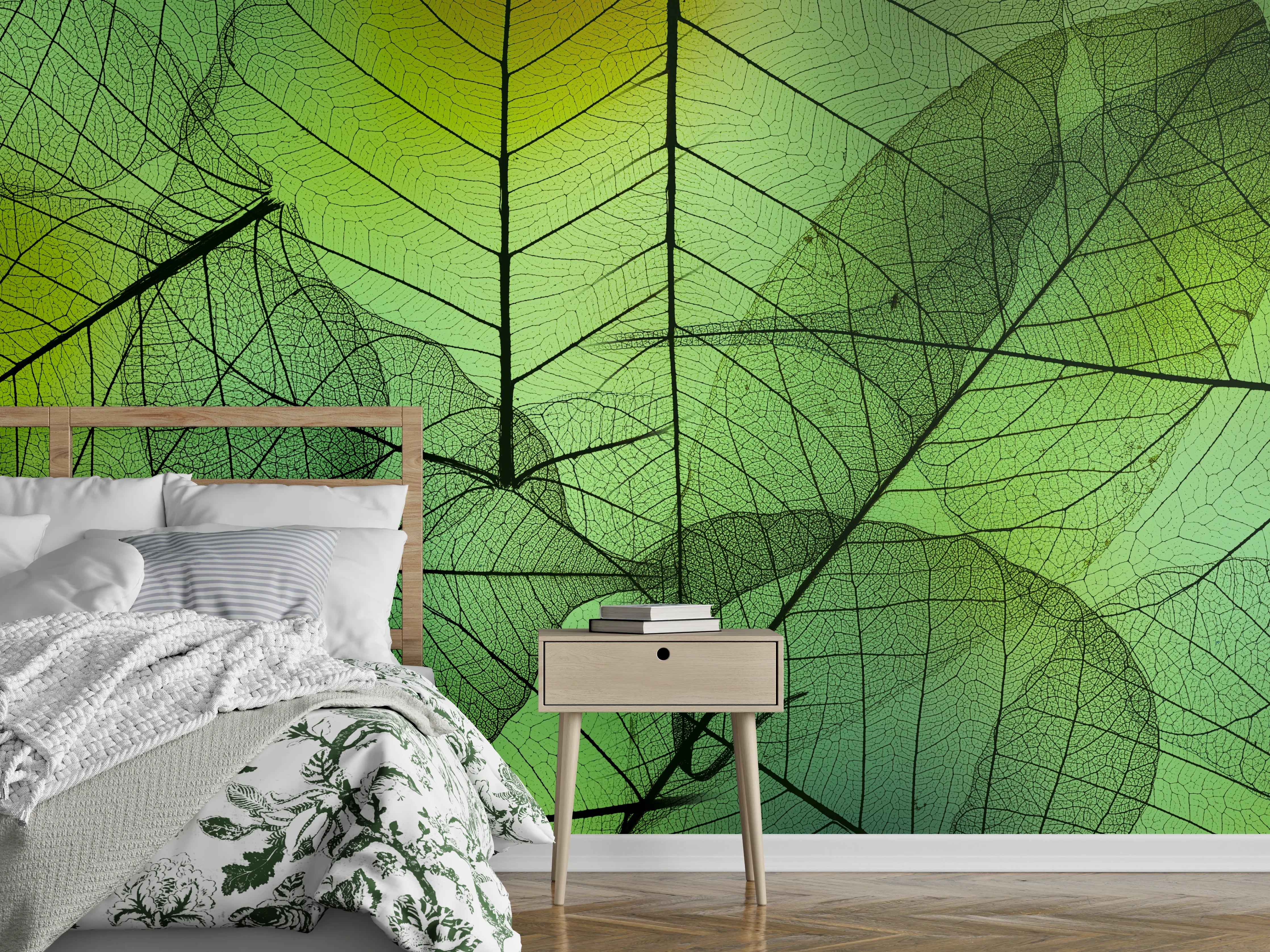 Wandverkleidung Schlafzimmer - Grün-Gelbe Blattstruktur Makro