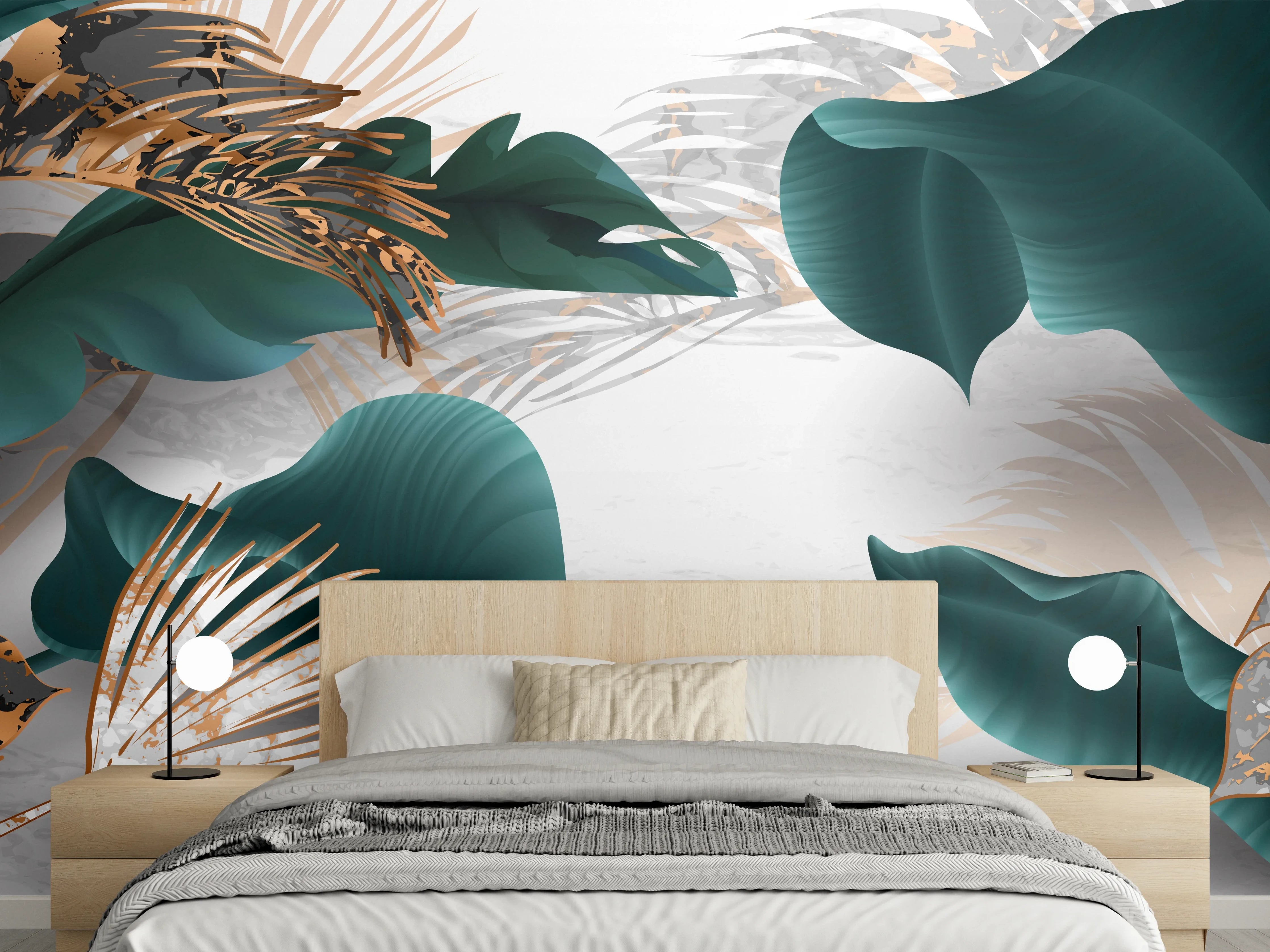 Wandverkleidung Schlafzimmer - Grün-Goldene Pflanzenmusterung