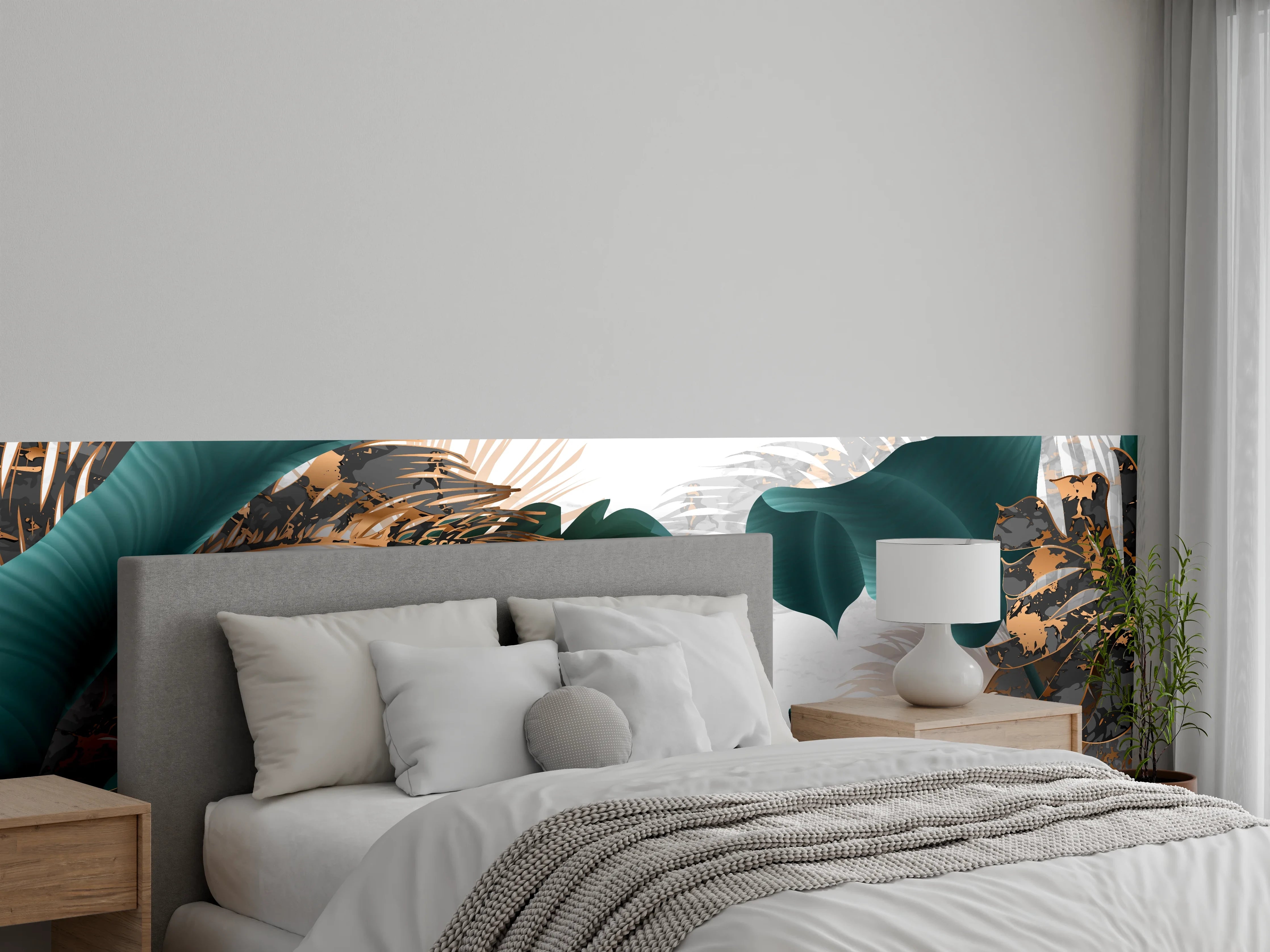 Wandverkleidung Schlafzimmer - Grün-Goldene Pflanzenmusterung