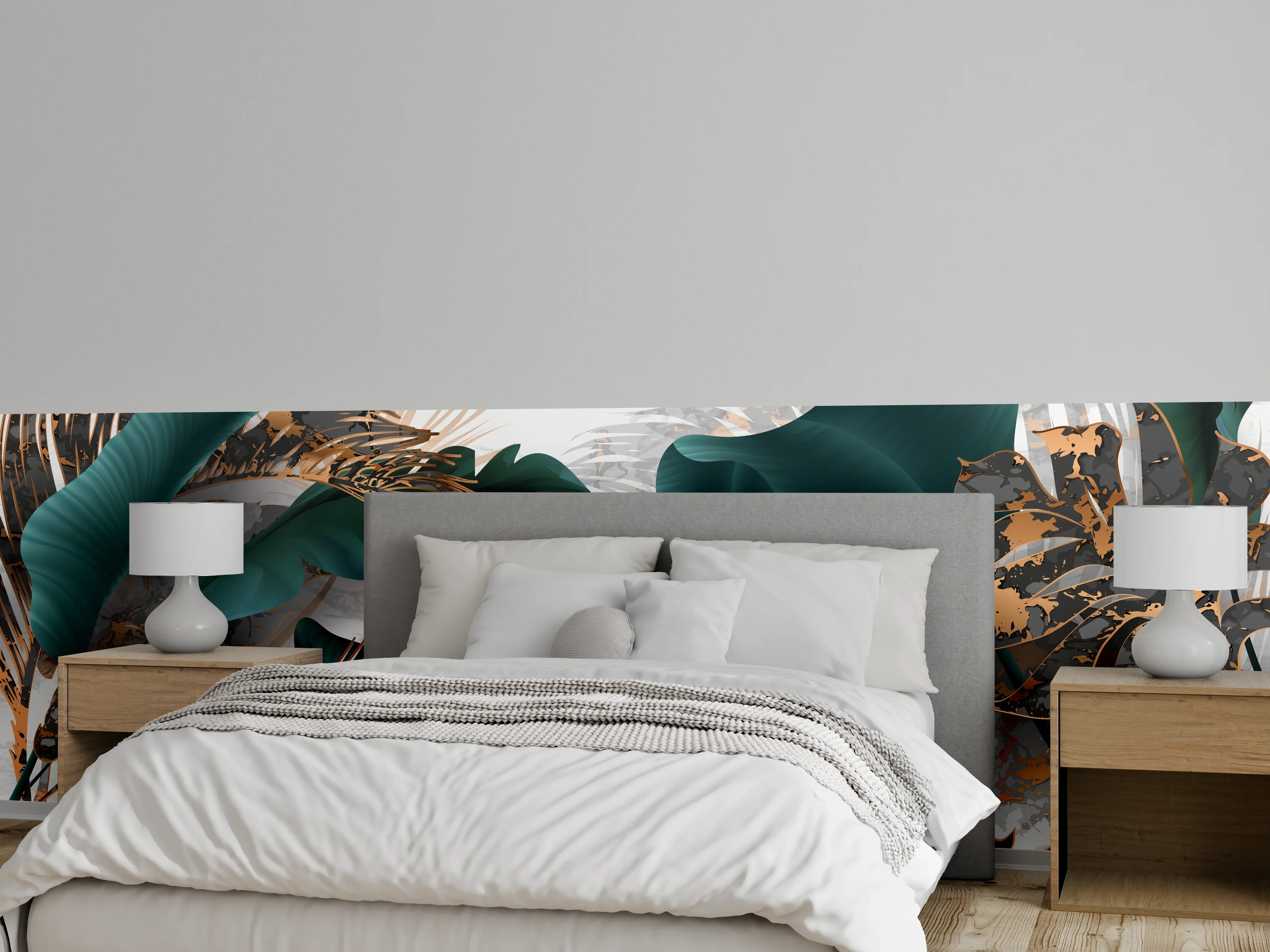 Wandverkleidung Schlafzimmer - Grün-Goldene Pflanzenmusterung