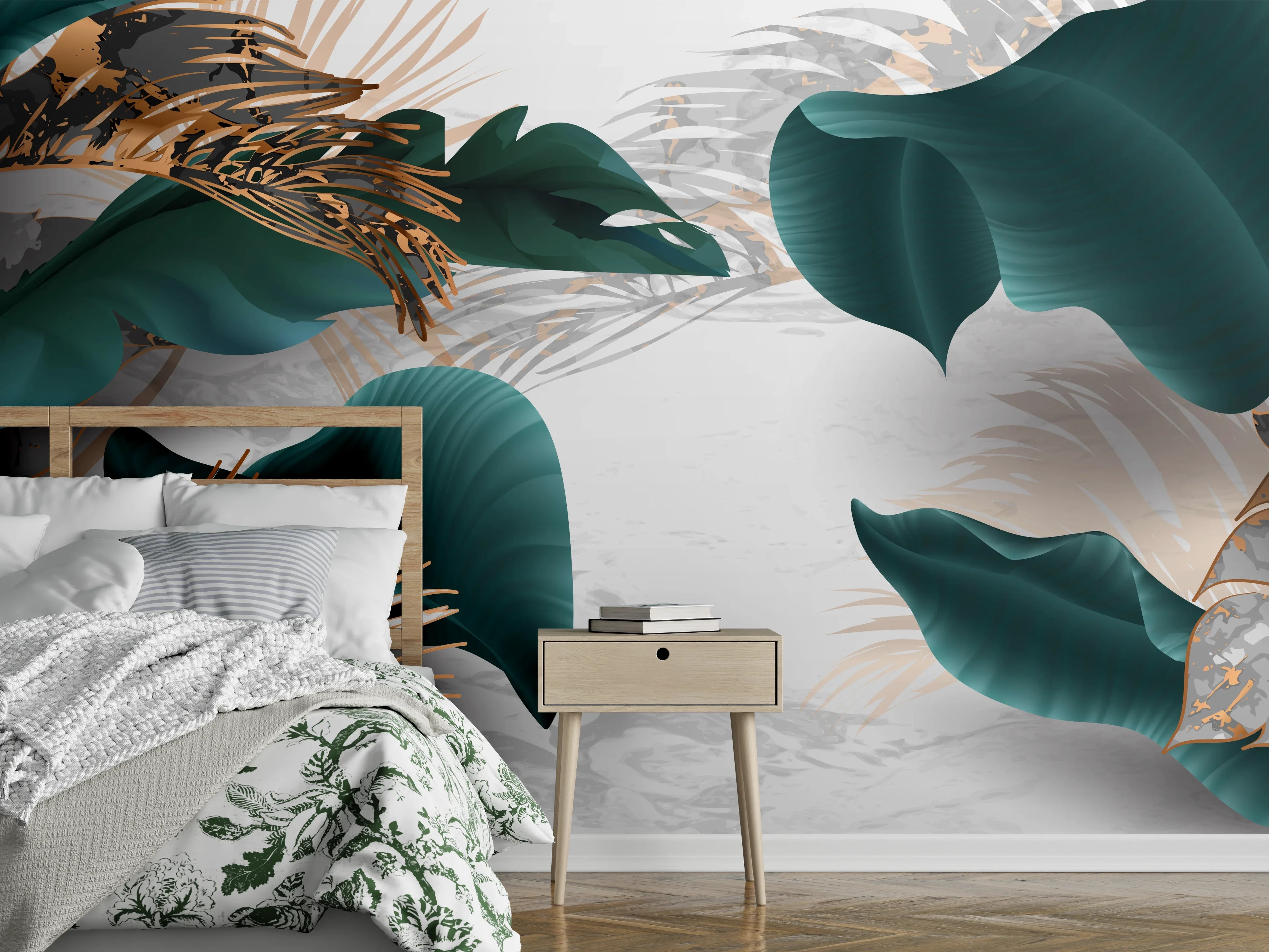 Wandverkleidung Schlafzimmer - Grün-Goldene Pflanzenmusterung