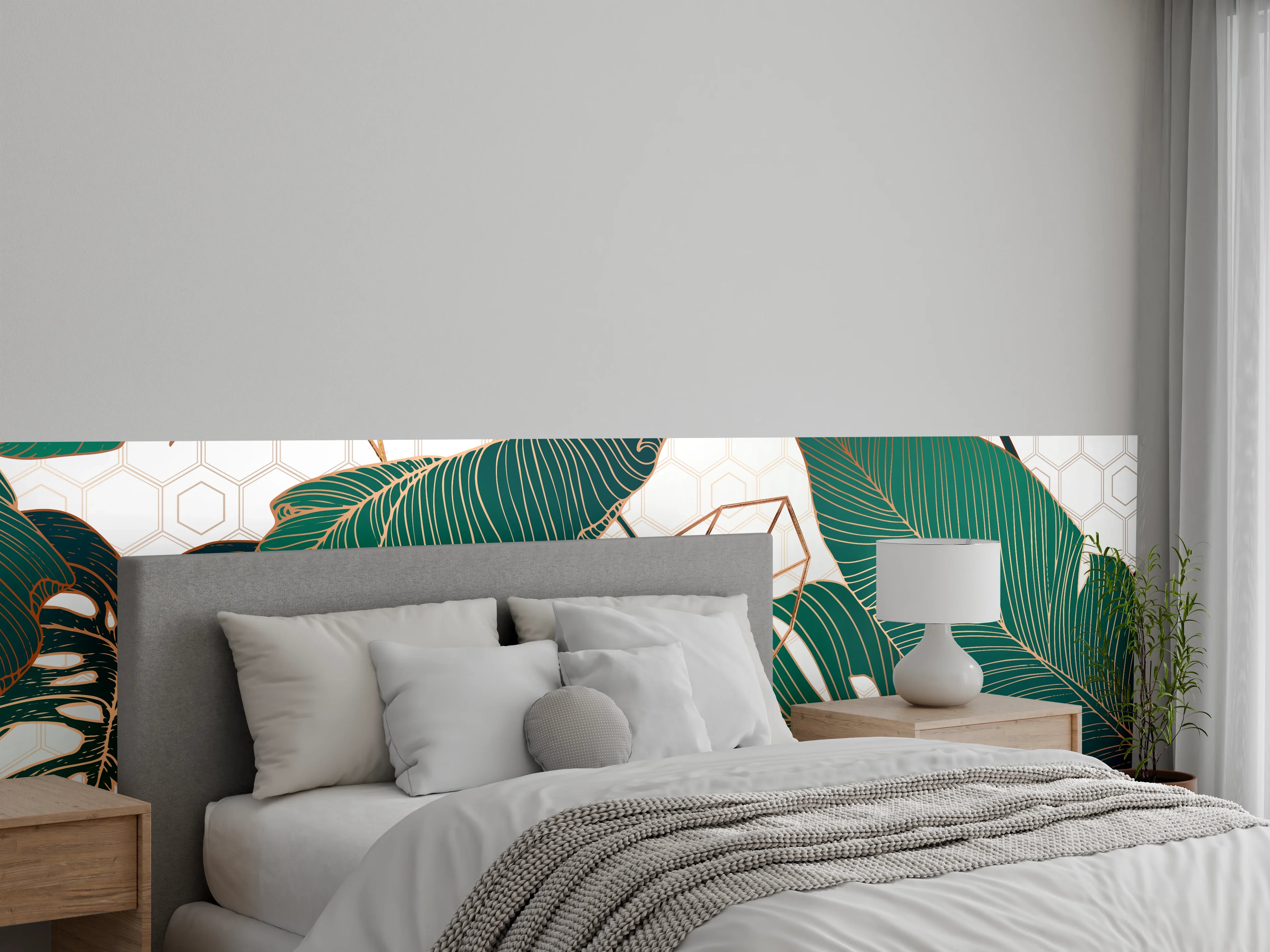 Wandverkleidung Schlafzimmer - Grün-Weißes Blattmuster Design