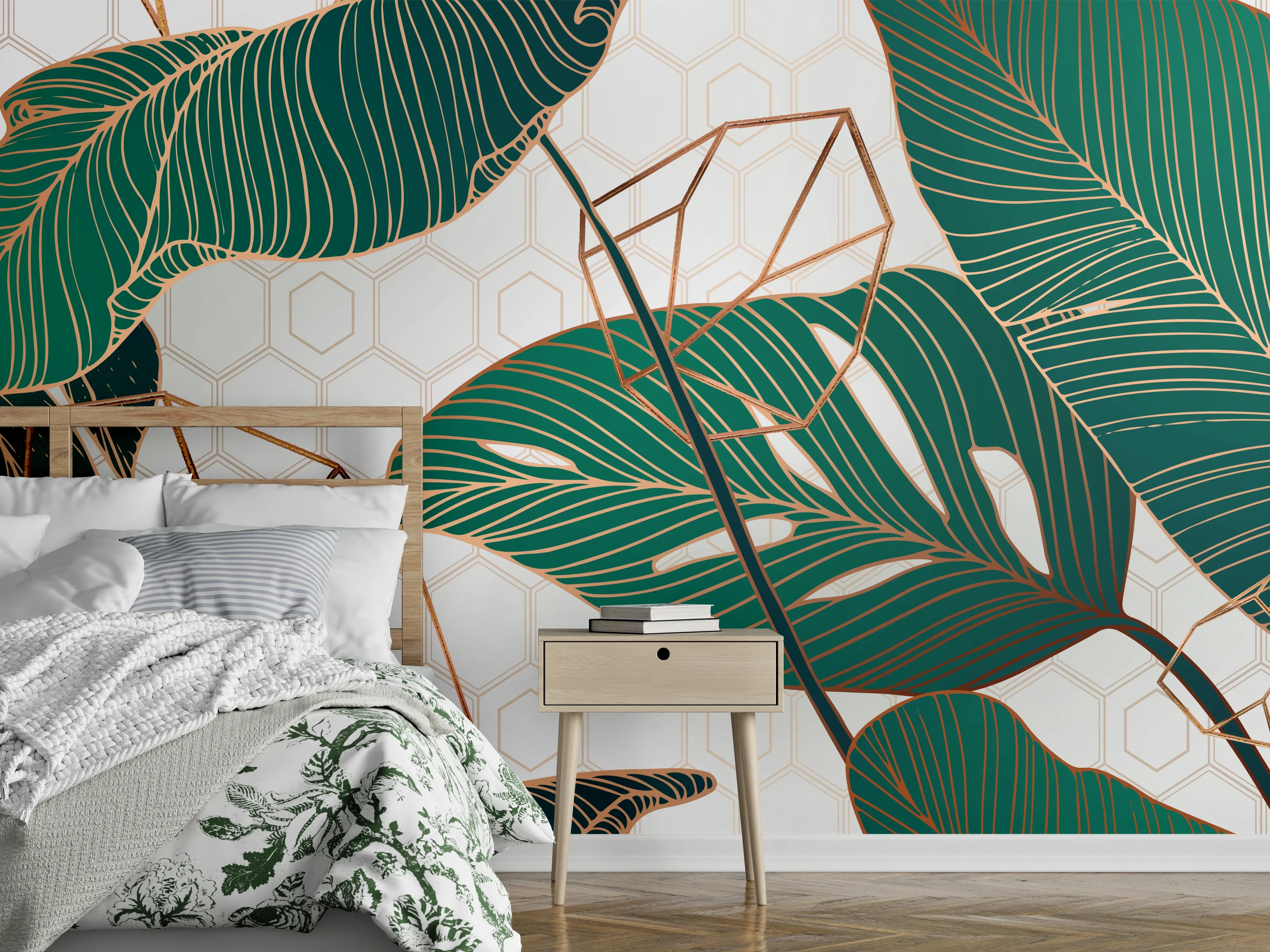 Wandverkleidung Schlafzimmer - Grün-Weißes Blattmuster Design