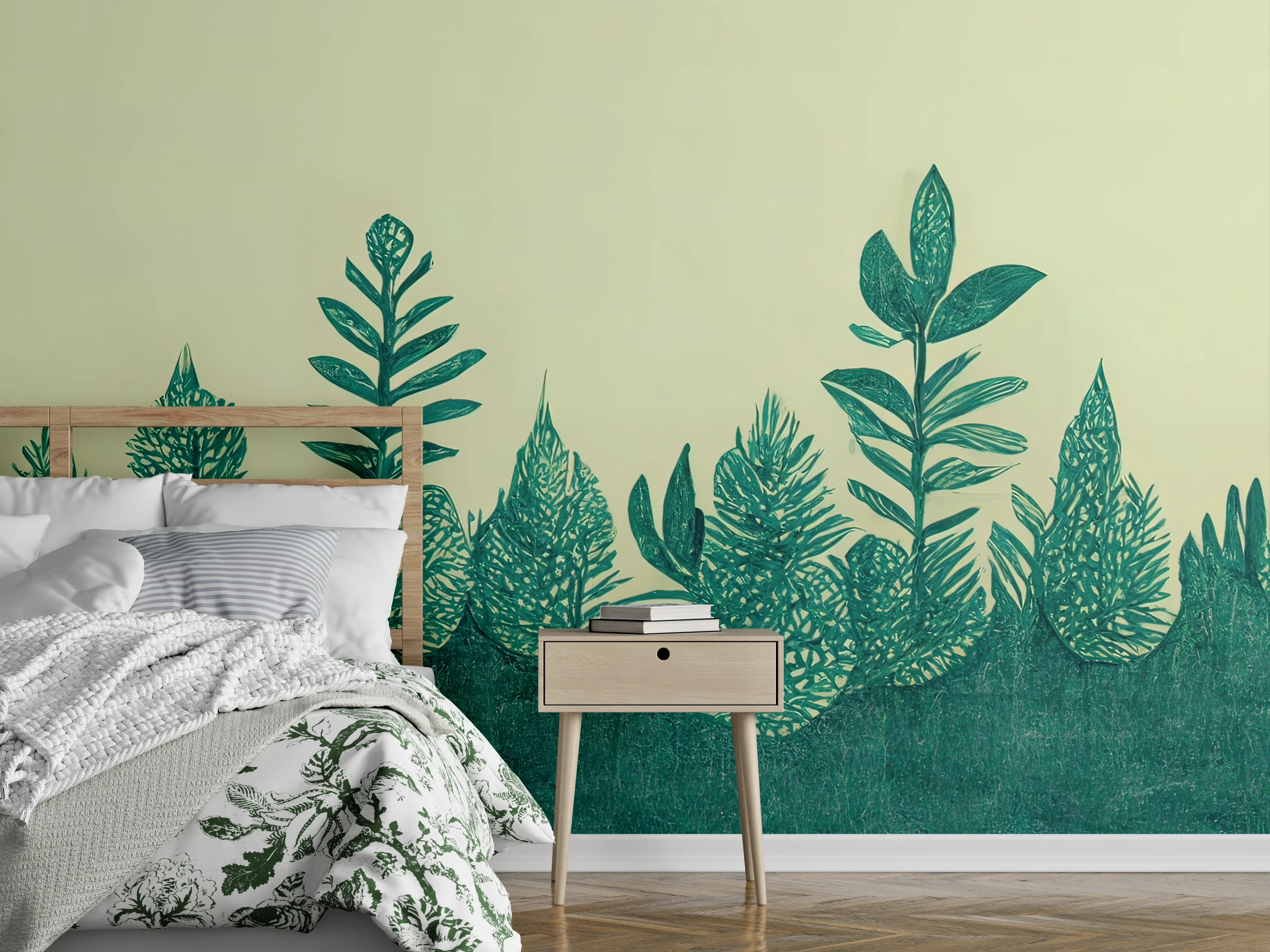 Wandverkleidung Schlafzimmer - Grüne Blätter Collage Illustration Natur