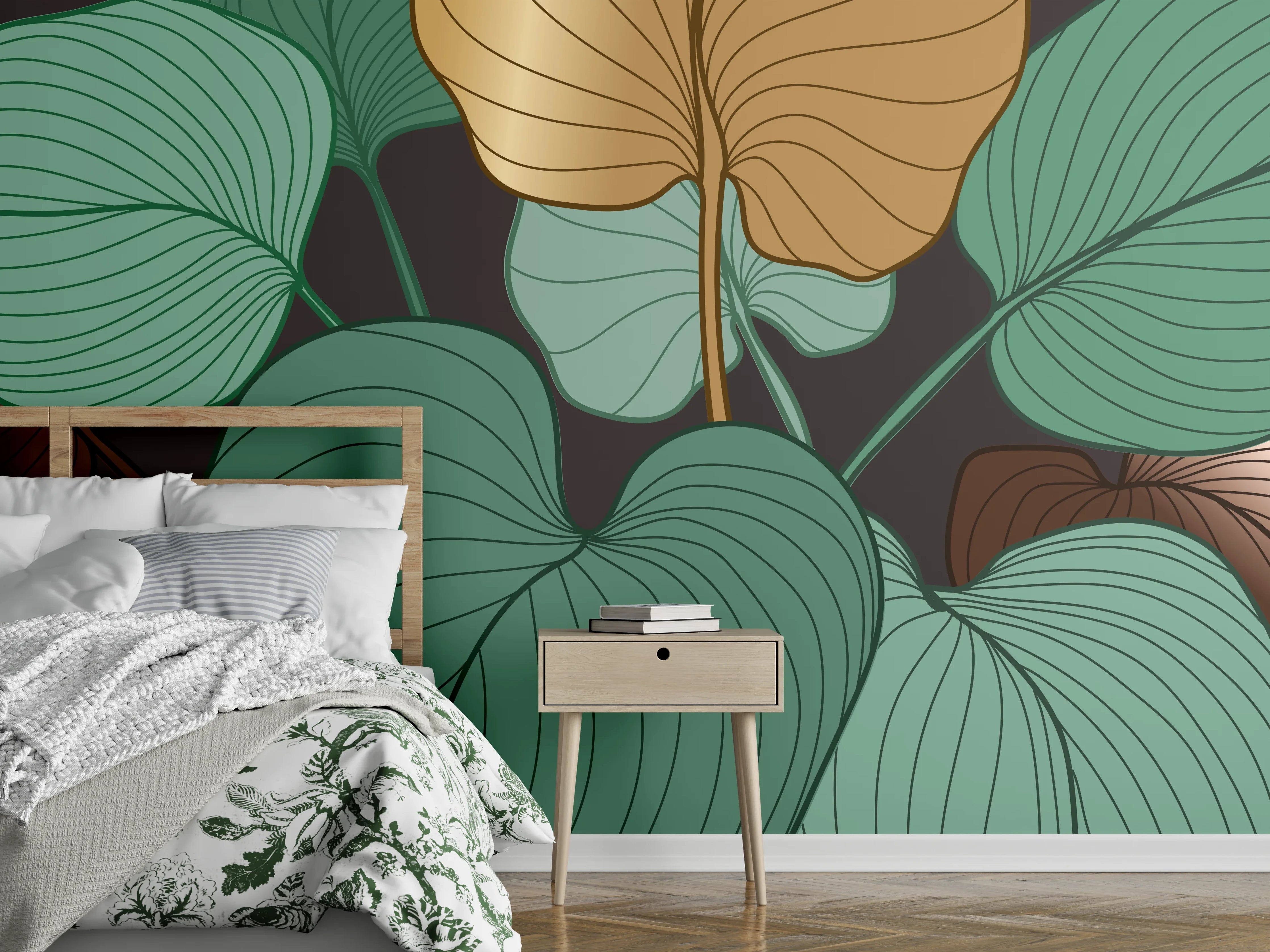 Wandverkleidung Schlafzimmer - Grüne Blätter Illustration