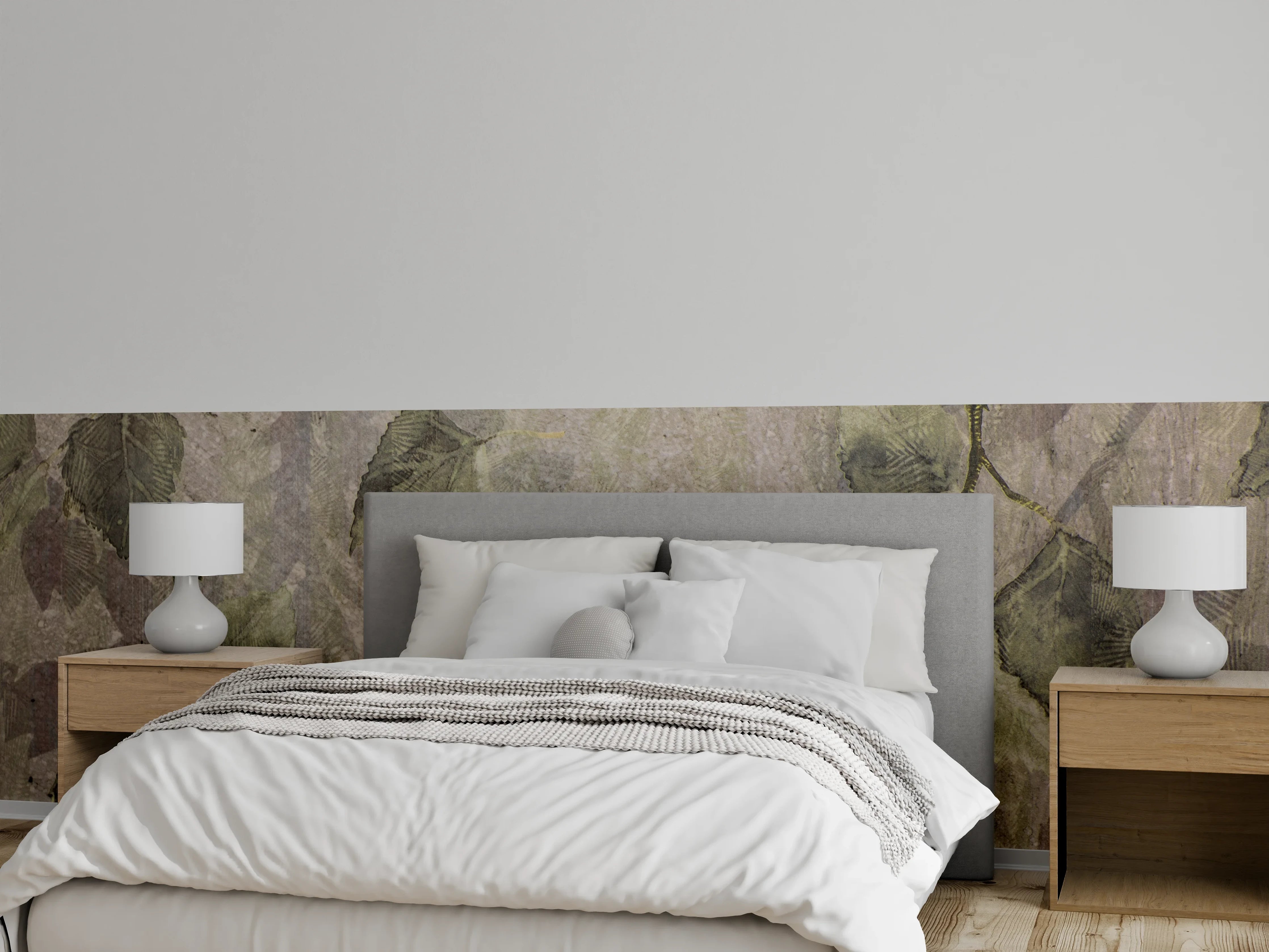 Wandverkleidung Schlafzimmer - Grüne Blätter auf pastellgrauem Hintergrund