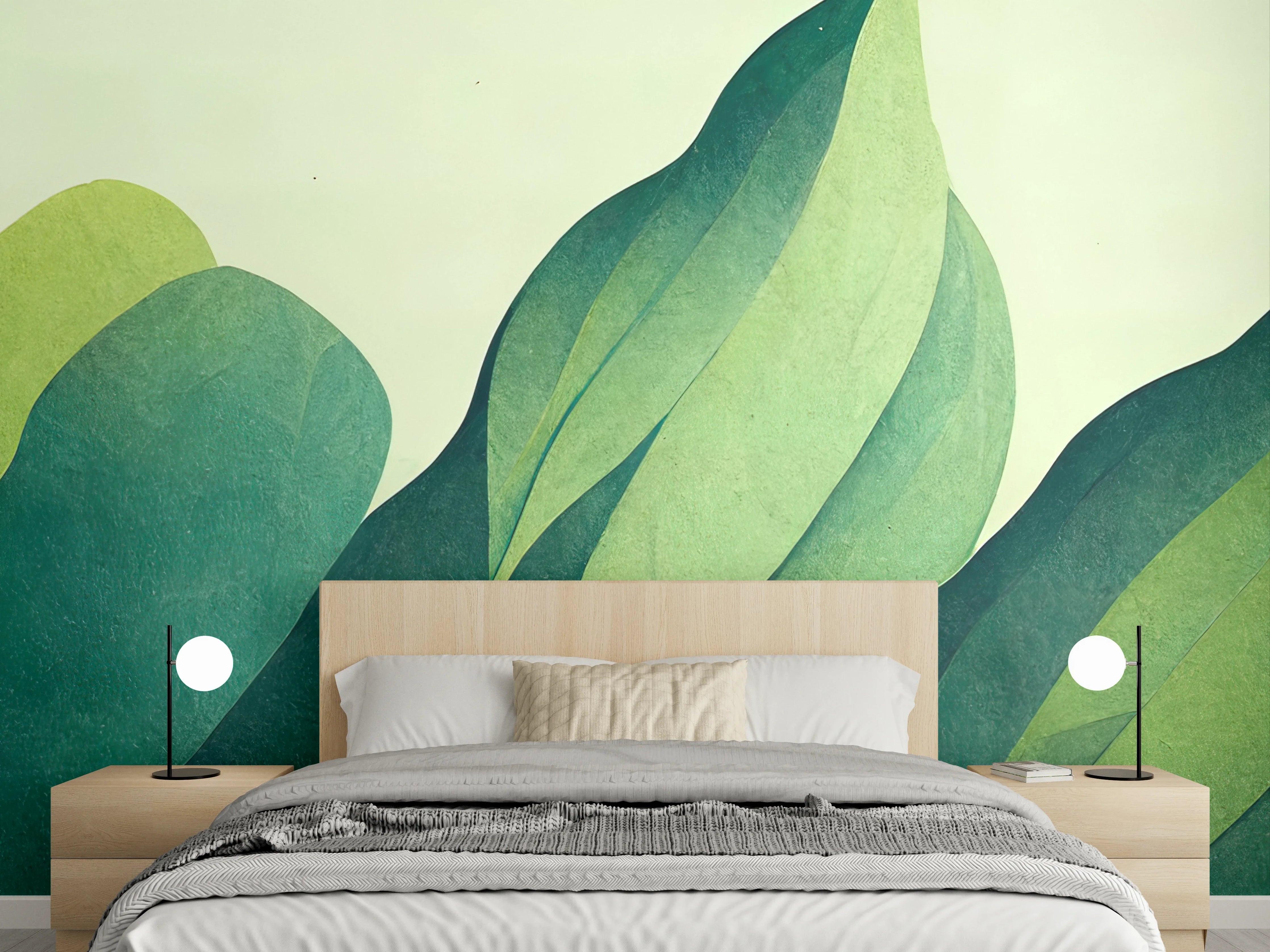 Wandverkleidung Schlafzimmer - Grüne Blätter in Aquarellstil mit sanften Grüntönen