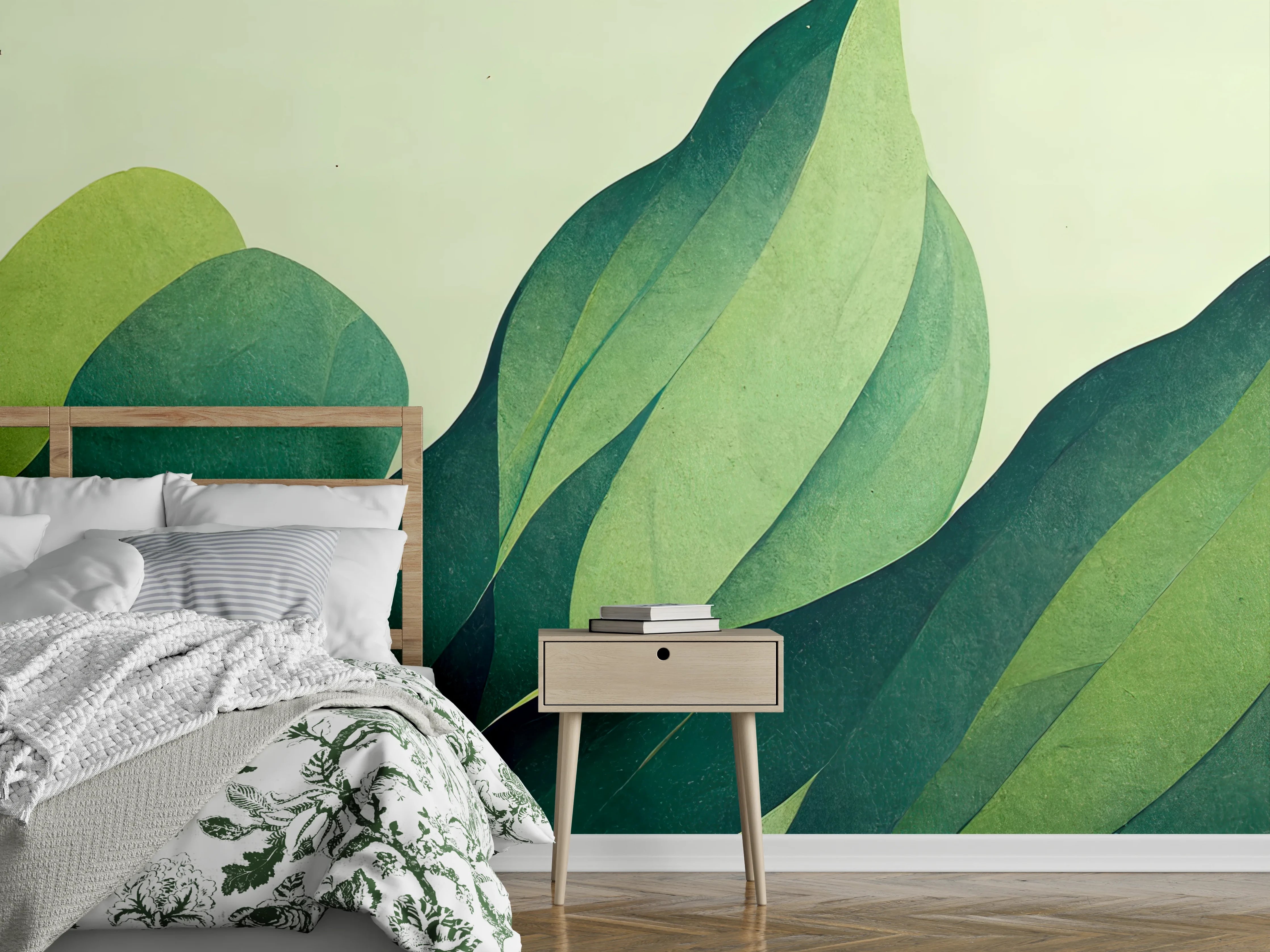 Wandverkleidung Schlafzimmer - Grüne Blätter in Aquarellstil mit sanften Grüntönen