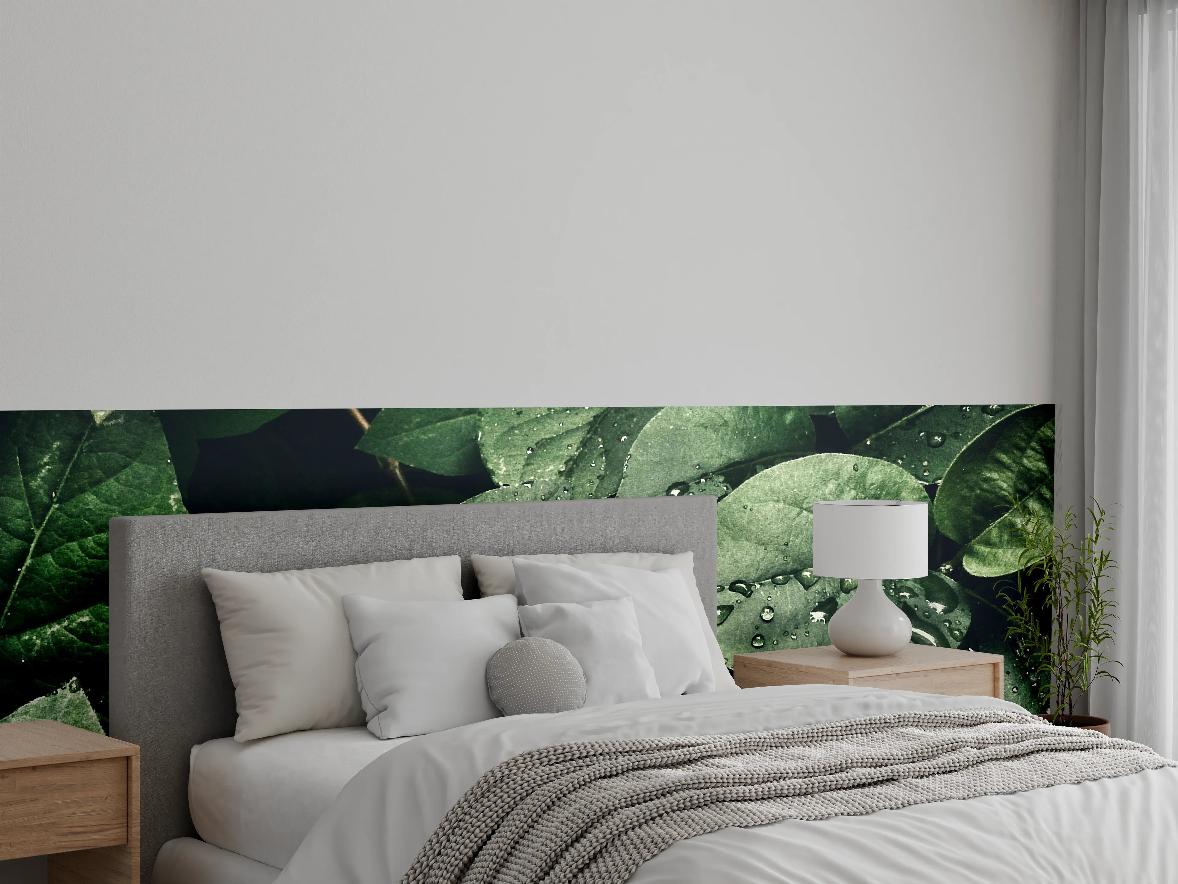 Wandverkleidung Schlafzimmer - Grüne Blätter mit Wassertropfen Nahaufnahme