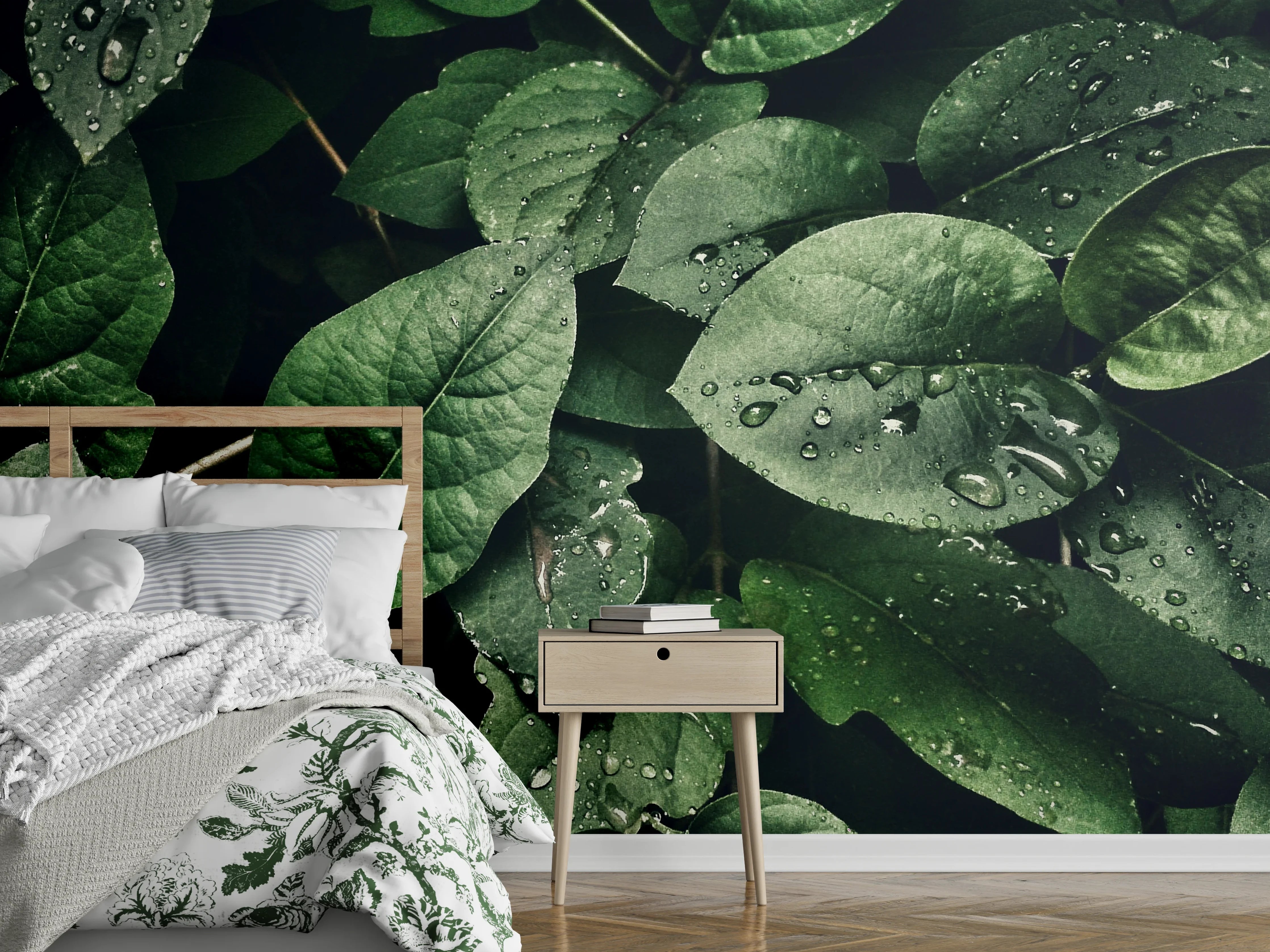 Wandverkleidung Schlafzimmer - Grüne Blätter mit Wassertropfen Nahaufnahme