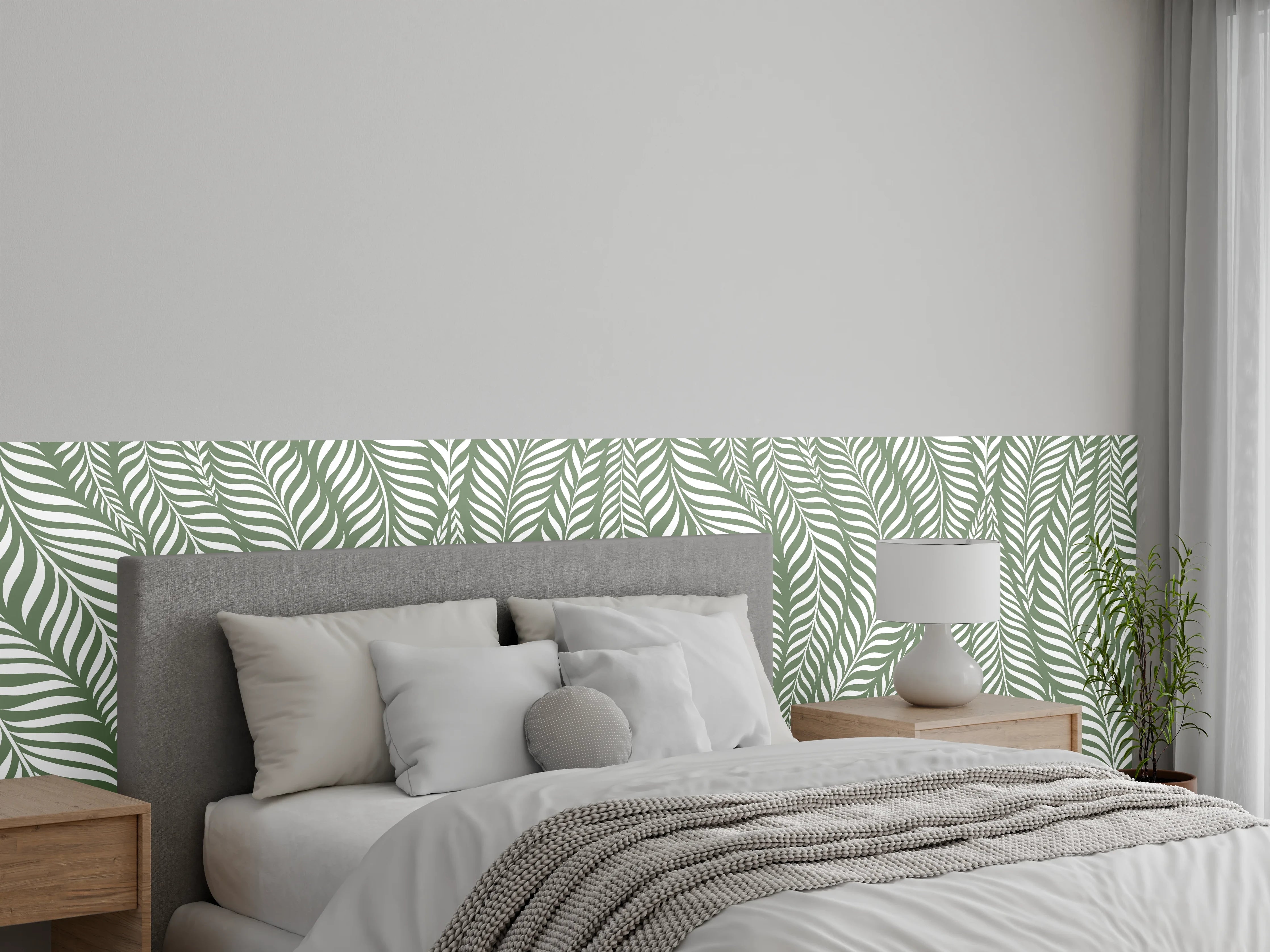 Wandverkleidung Schlafzimmer - Grüne Blättermuster in sanften Tönen