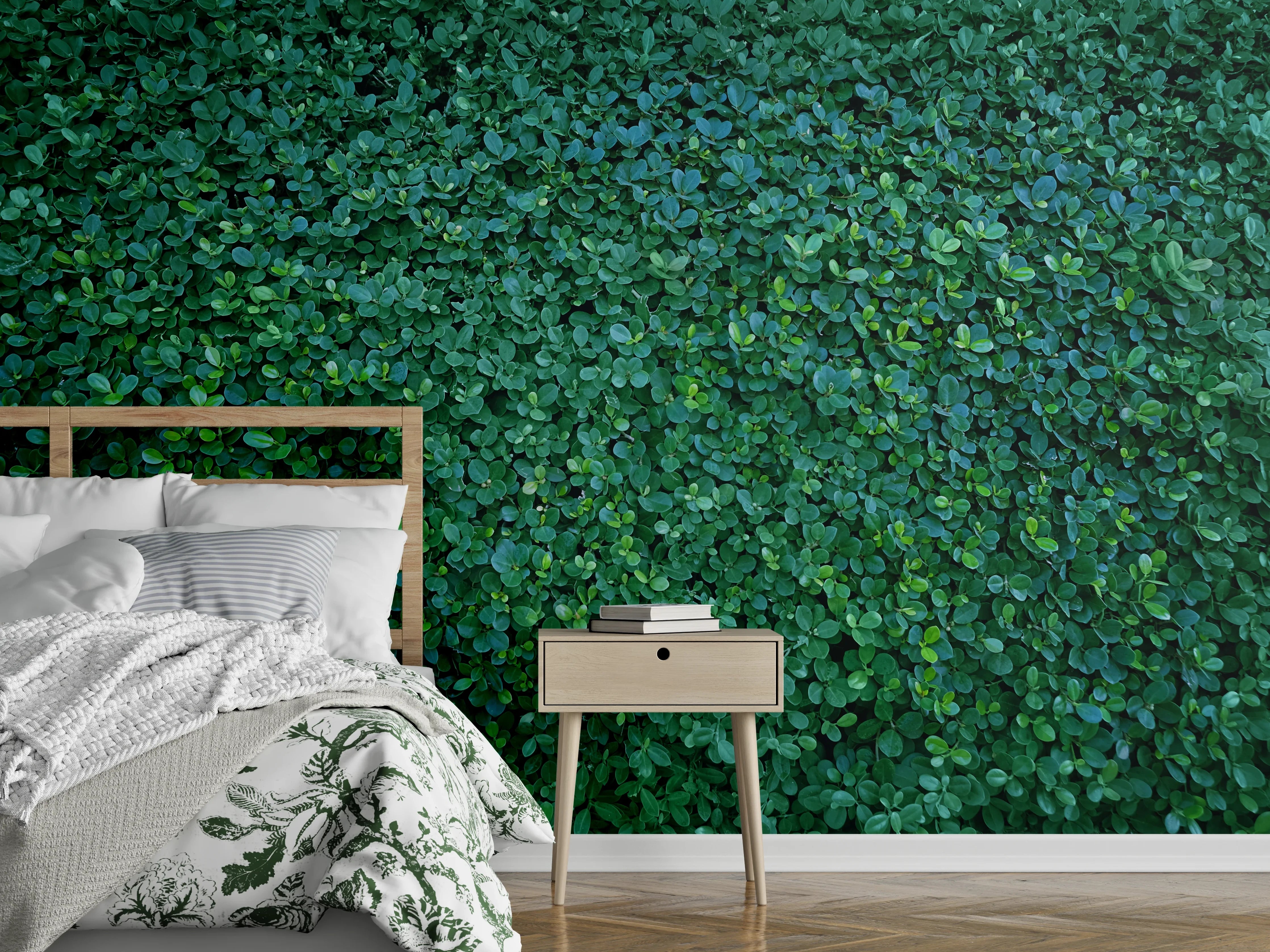 Wandverkleidung Schlafzimmer - Grüne Blattwand als Naturdekor