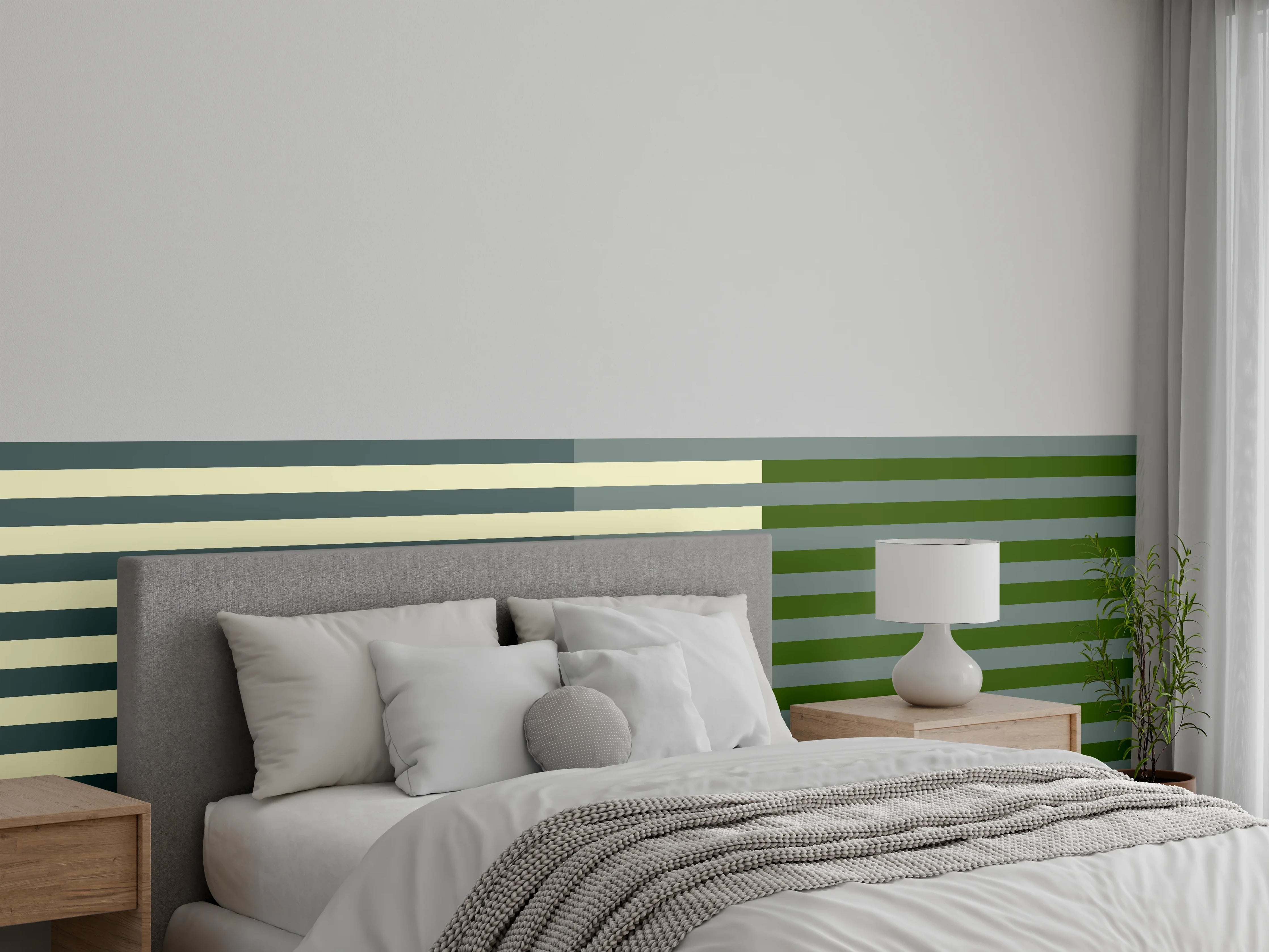 Wandverkleidung Schlafzimmer - Grüne Linien und graue Akzente