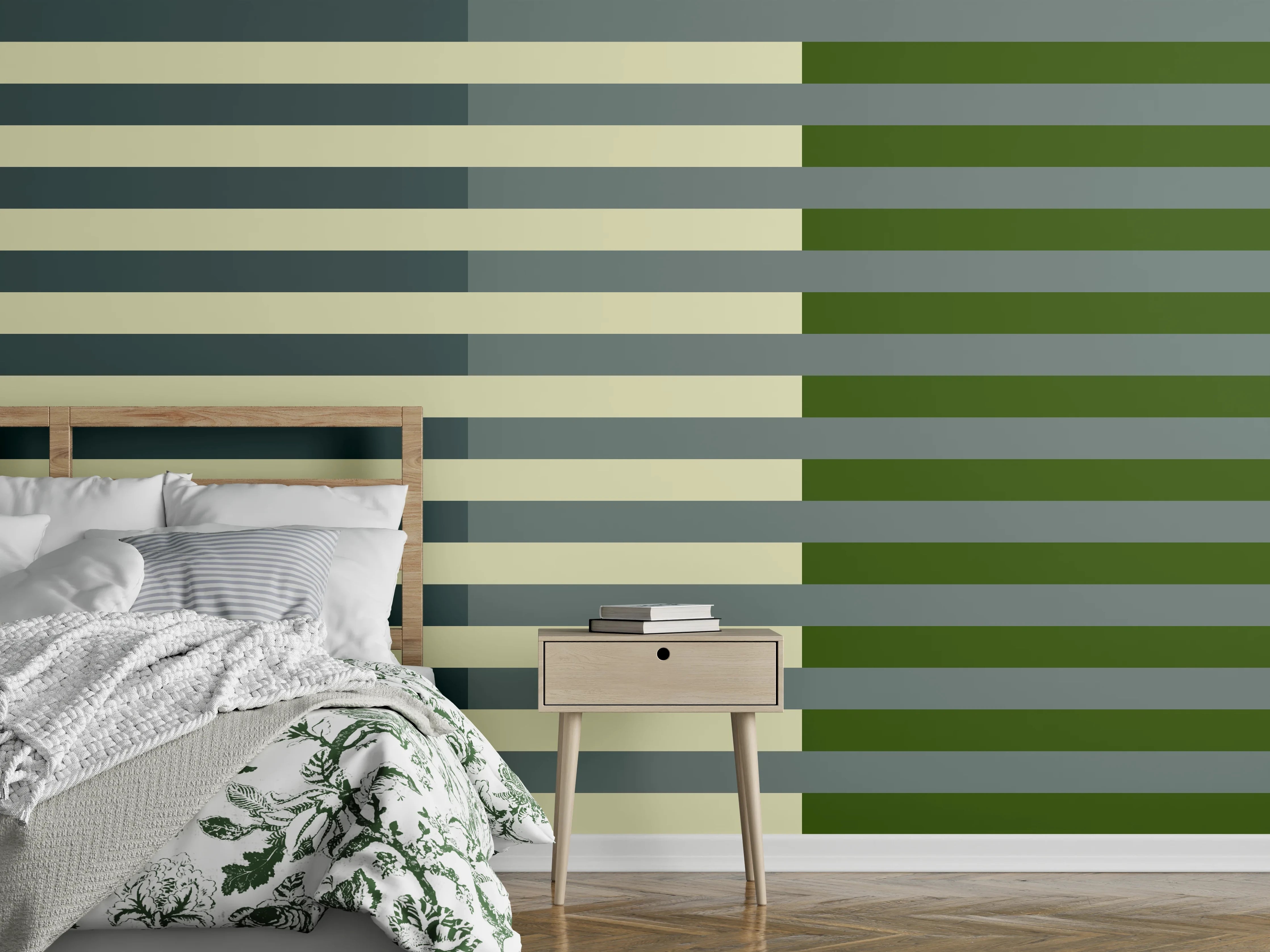 Wandverkleidung Schlafzimmer - Grüne Linien und graue Akzente