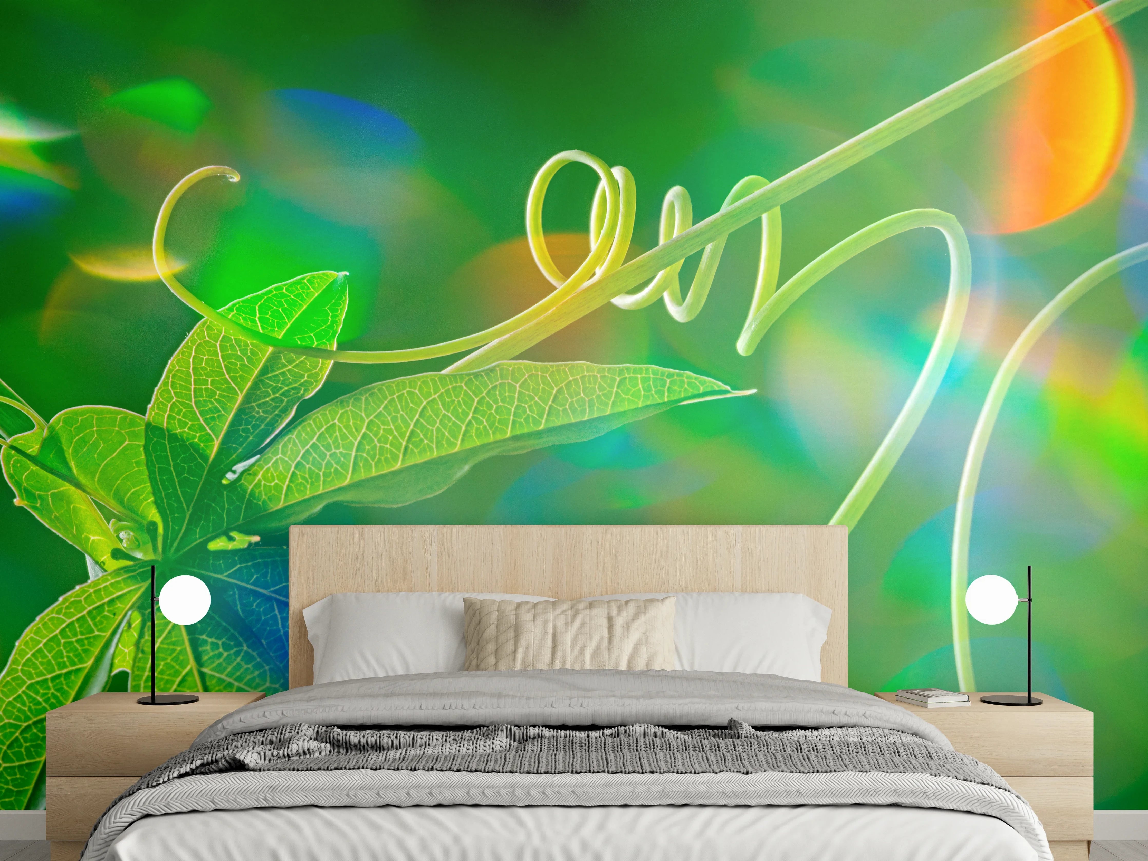 Wandverkleidung Schlafzimmer - Grüne Pflanzenranke mit Bokeh-Effekt