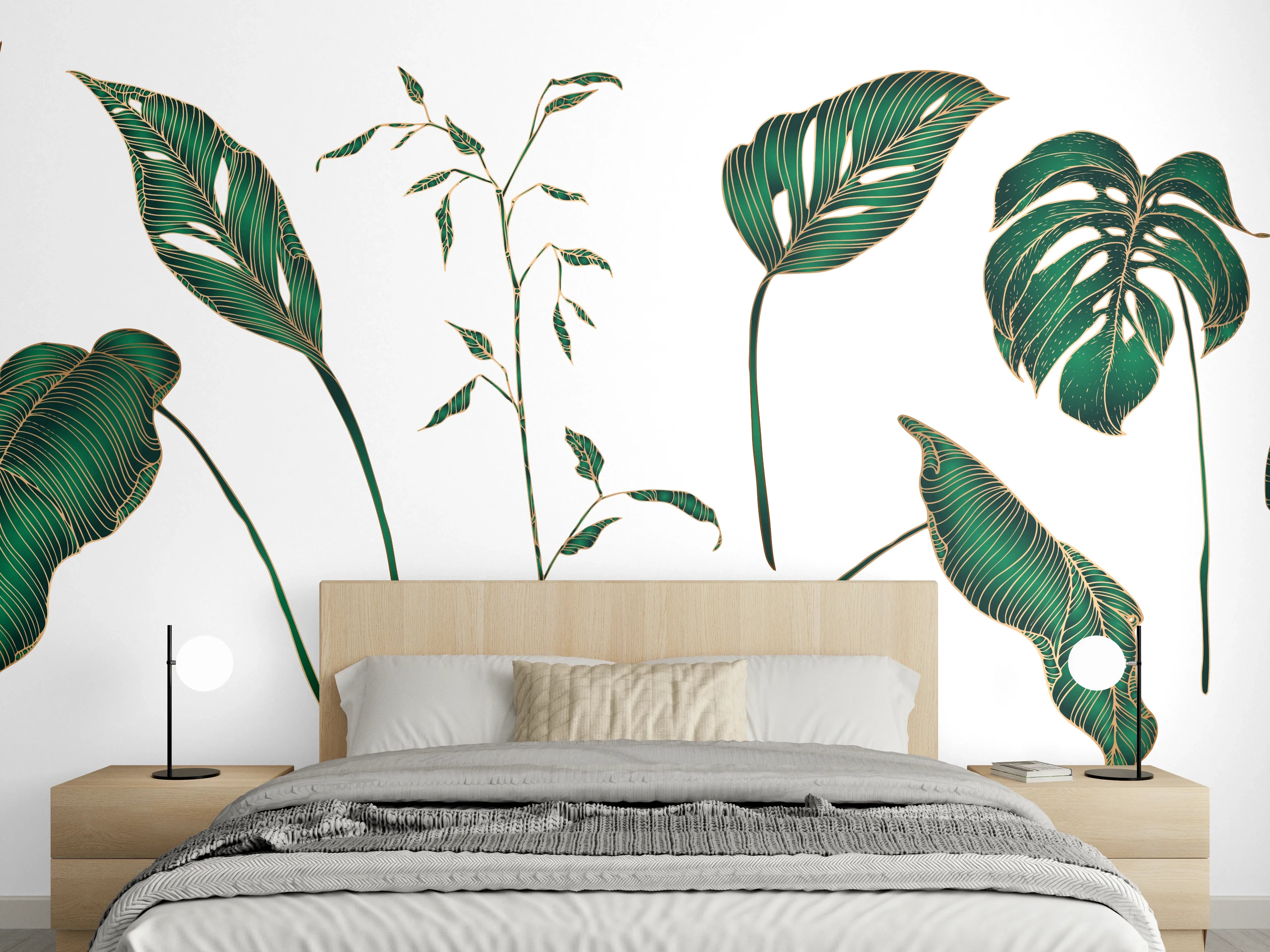 Wandverkleidung Schlafzimmer - Grüne Tropenblatt-Motive