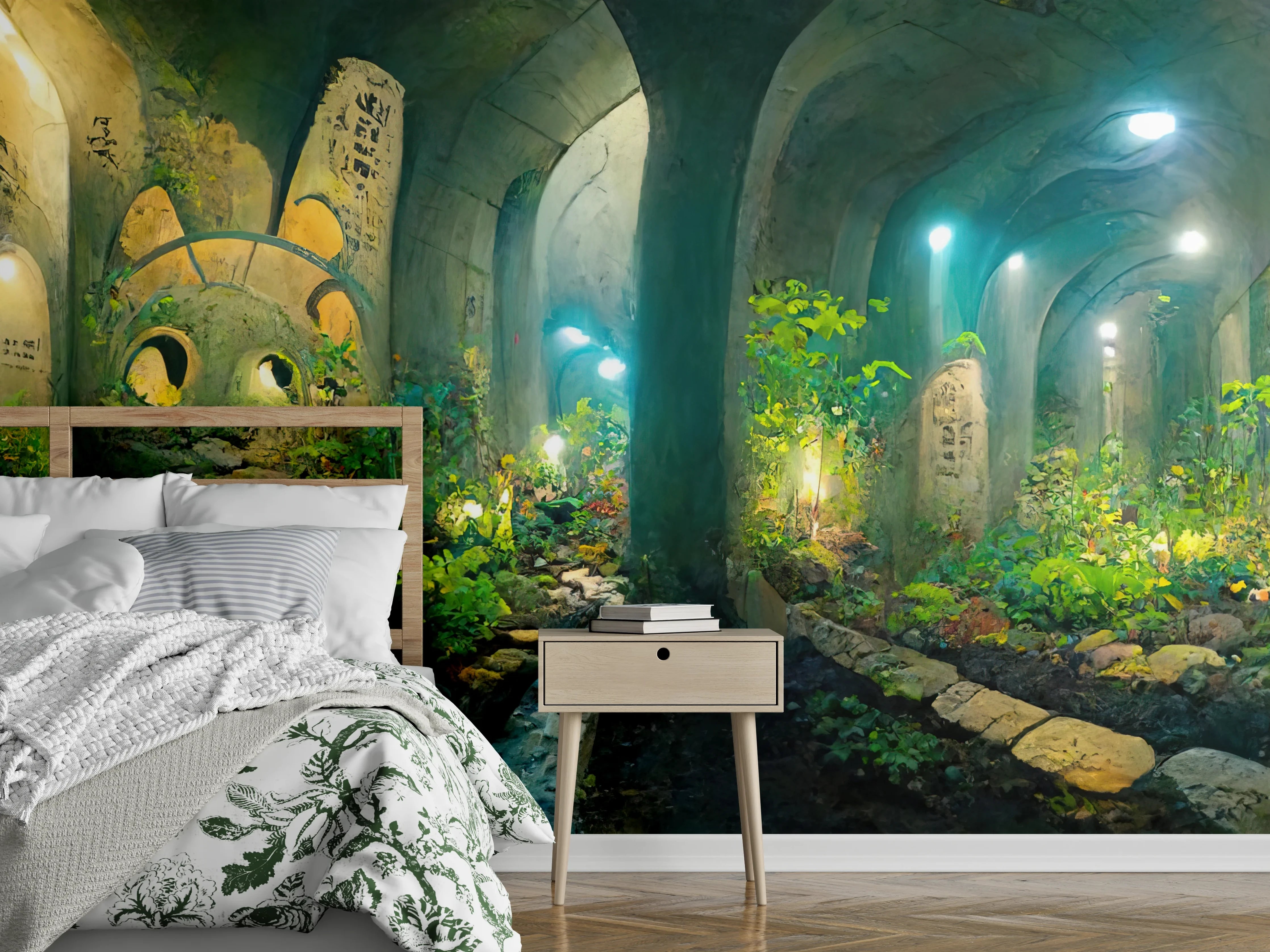 Wandverkleidung Schlafzimmer - Grüner Wald im Tunnel