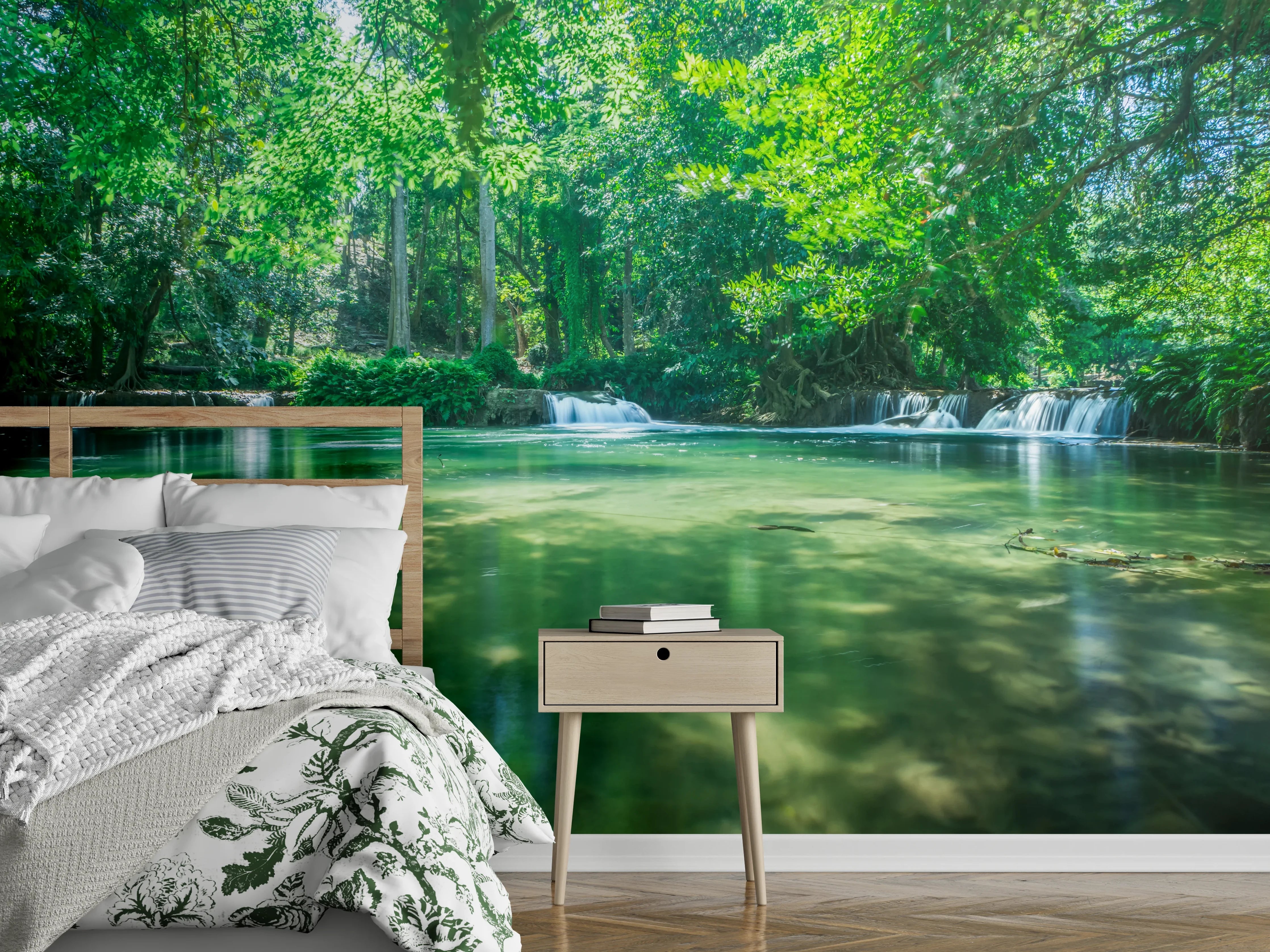 Wandverkleidung Schlafzimmer - Grüner Waldwasserfall Naturmotivation